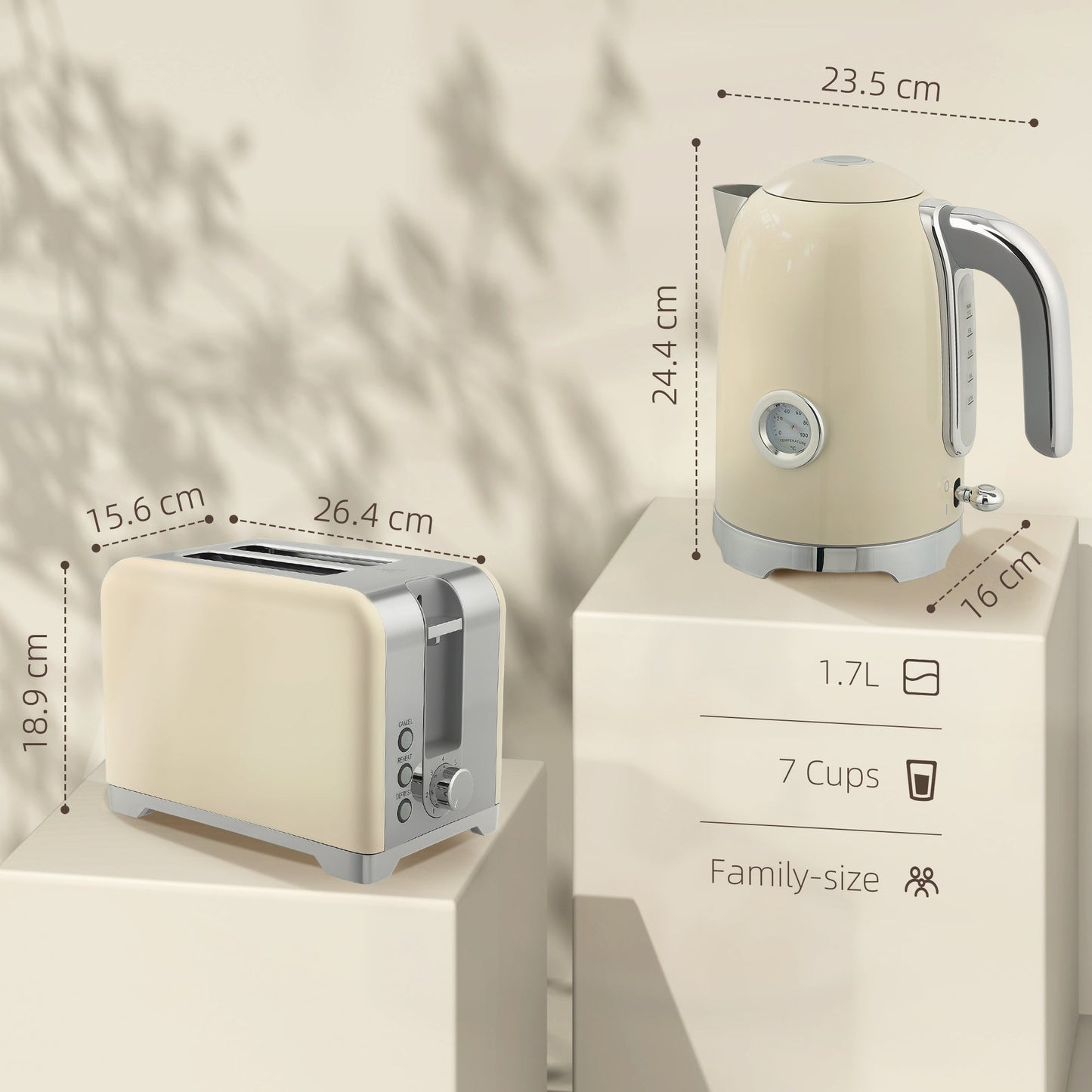 Kettle and Toaster Set with Temperature Gauge, 1.7L 3000W Rapid Boil Jug Kettle with Otter Thermostat, Limescale Filter, 2 Slice Toaster with 7 Browning Controls, Crumb Tray, Cream