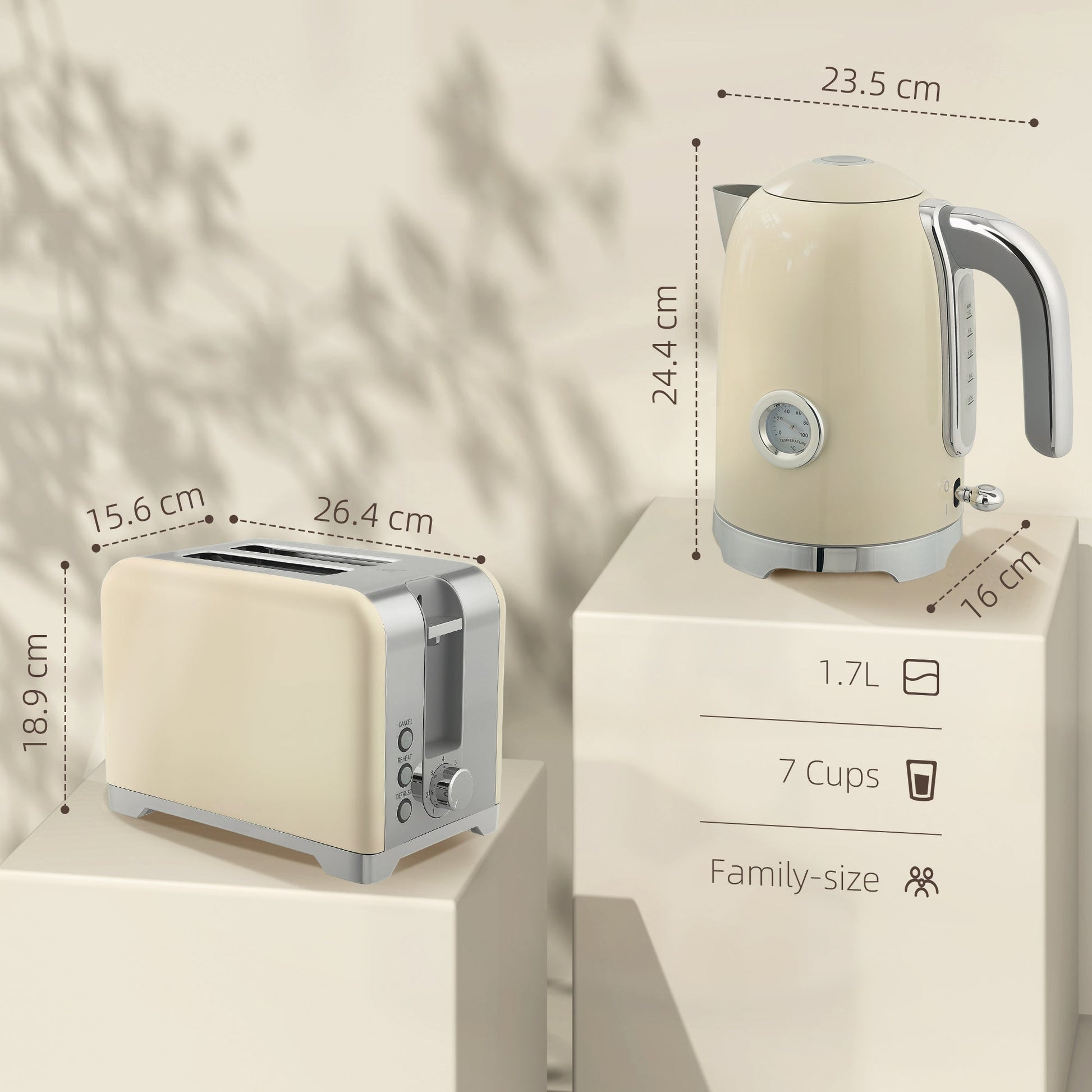 Kettle and Toaster Set with Temperature Gauge, 1.7L 3000W Rapid Boil Jug Kettle with Otter Thermostat, Limescale Filter, 2 Slice Toaster with 7 Browning Controls, Crumb Tray, Cream