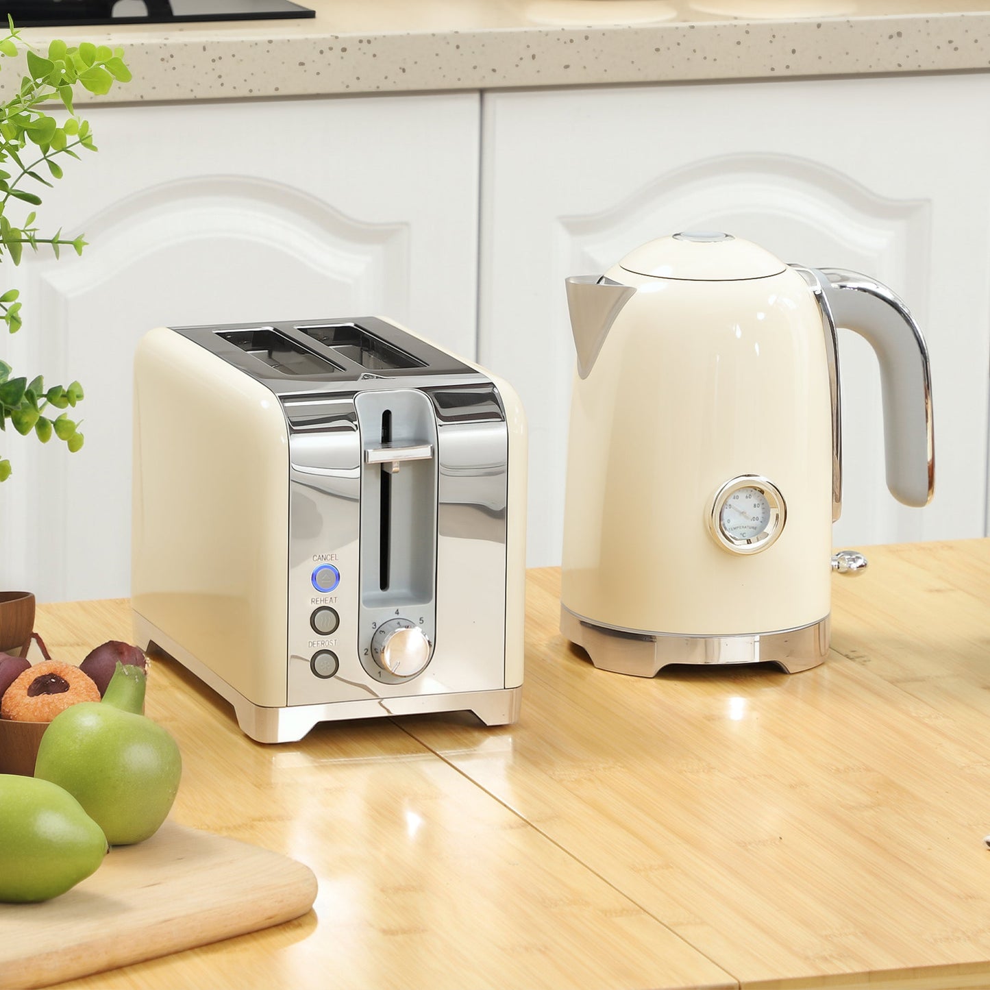 Kettle and Toaster Set with Temperature Gauge, 1.7L 3000W Rapid Boil Jug Kettle with Otter Thermostat, Limescale Filter, 2 Slice Toaster with 7 Browning Controls, Crumb Tray, Cream