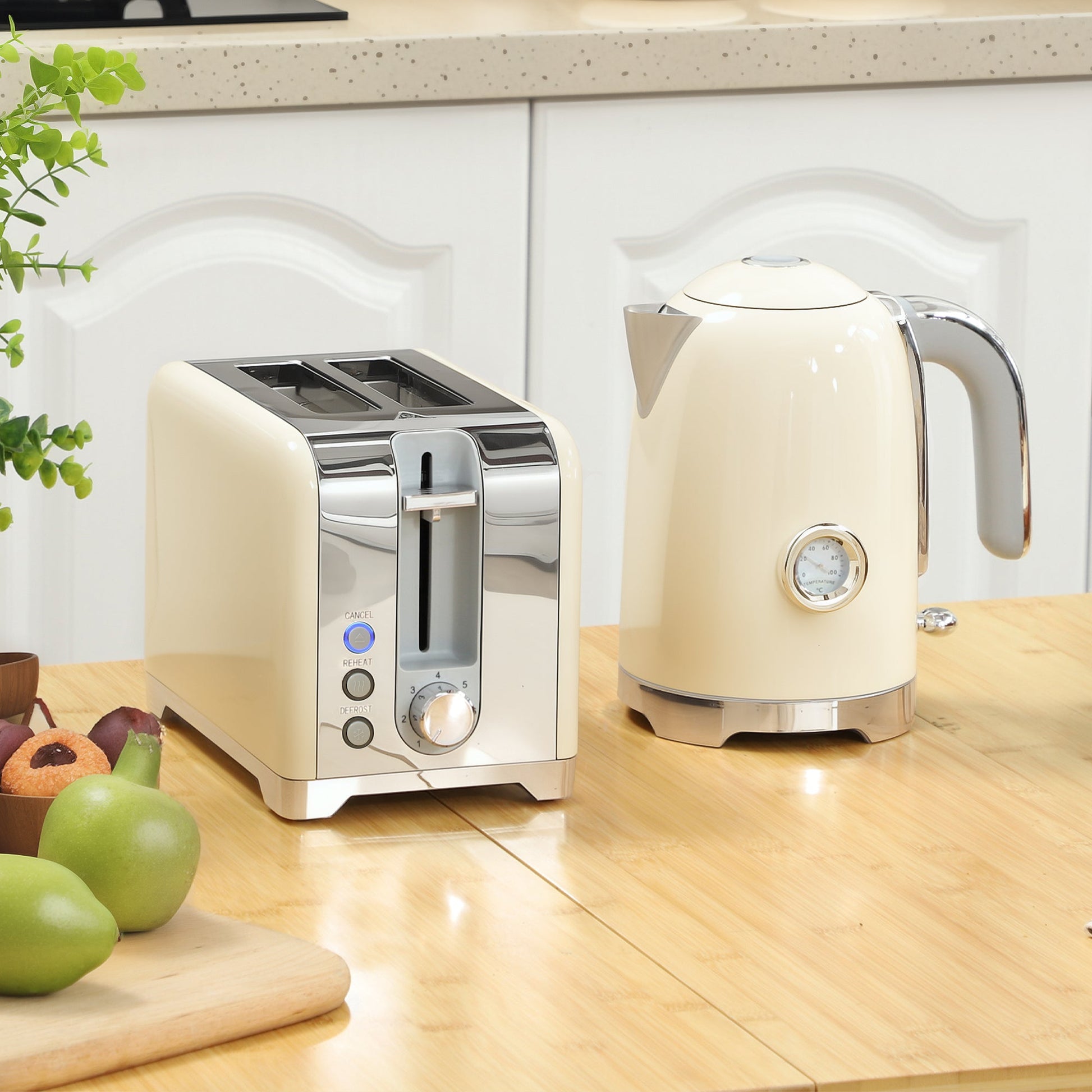 Kettle and Toaster Set with Temperature Gauge, 1.7L 3000W Rapid Boil Jug Kettle with Otter Thermostat, Limescale Filter, 2 Slice Toaster with 7 Browning Controls, Crumb Tray, Cream