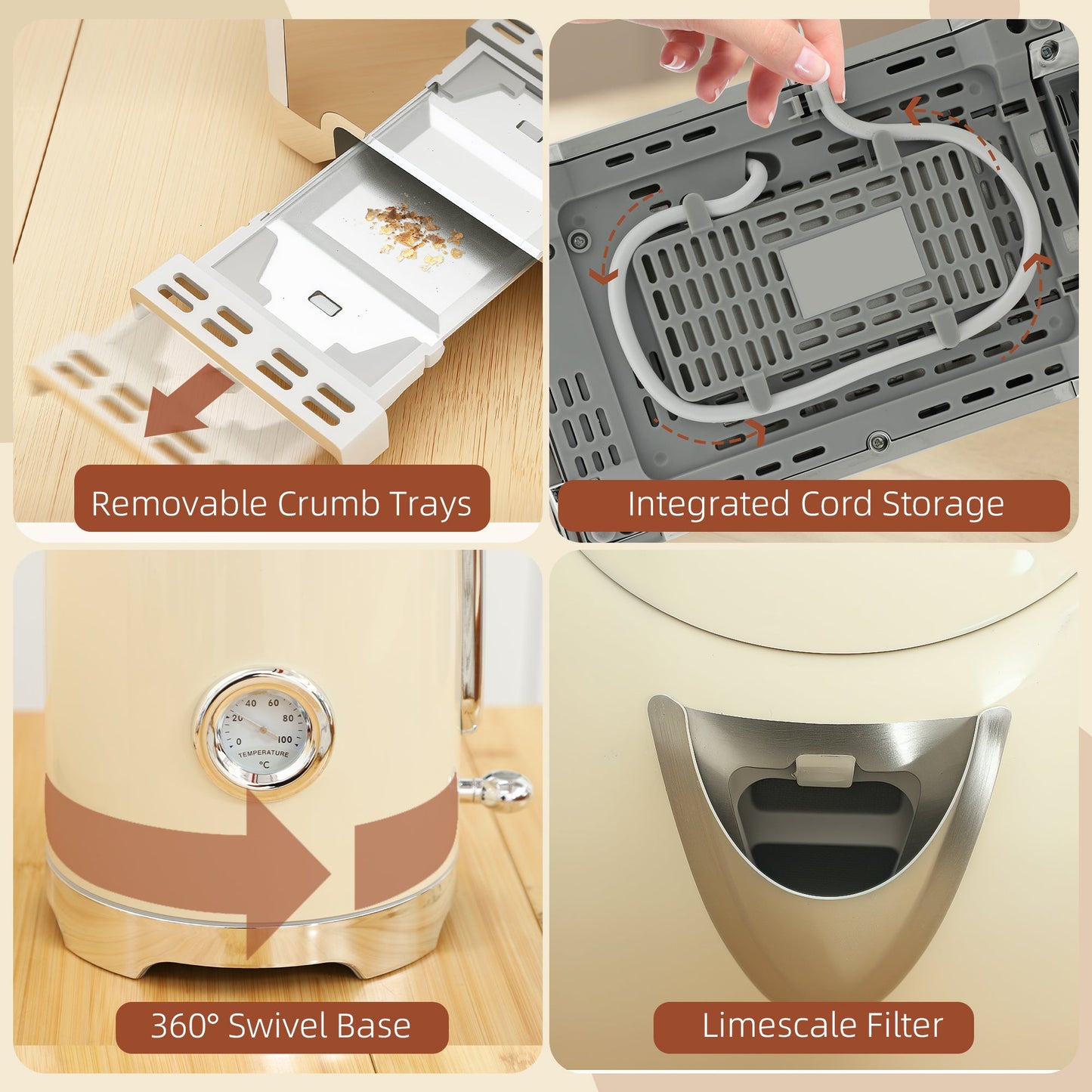 Kettle and Toaster Set with Temperature Gauge, 1.7L 3000W Rapid Boil Jug Kettle with Otter Thermostat, Limescale Filter, 2 Slice Toaster with 7 Browning Controls, Crumb Tray, Cream