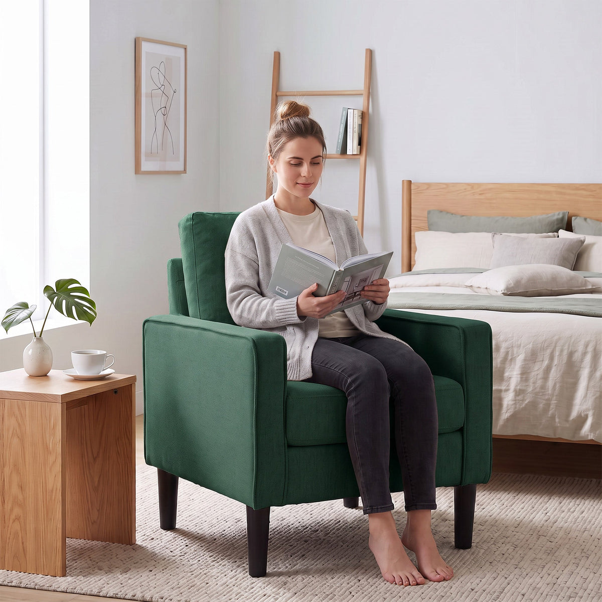 Armchair, Removable Pillow Linen Accent Chair, Comfy Spring Cushion Reading Lounge for Living Room, Bedroom, Study, Dark Green