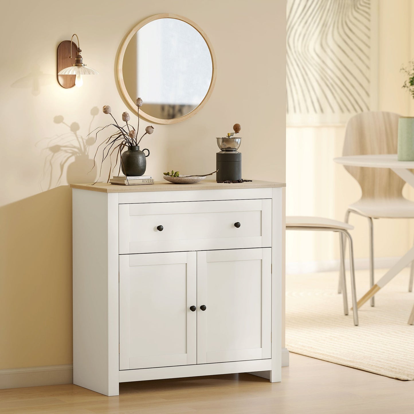 Sideboard Storage Cabinet, Modern Kitchen Cupboard with Adjustable Shelf, Drawer and Double Doors, Sideboard for Living Room, Dining Room, Hallway, Cream White