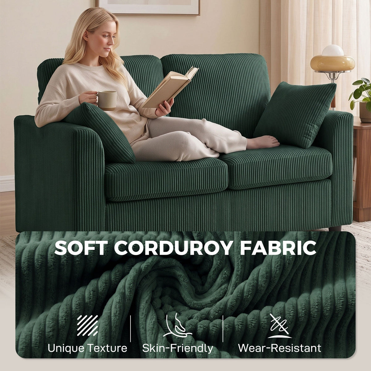 2 Seater Sofa, 144cm Corduroy Small Couch with Spring Cushion, Wide and Deep Seat, Plush Backrest, 2 Pillows, Loveseat Sofa Settee for Small Space, Living Room, Bedroom, Home Office, Dark Green