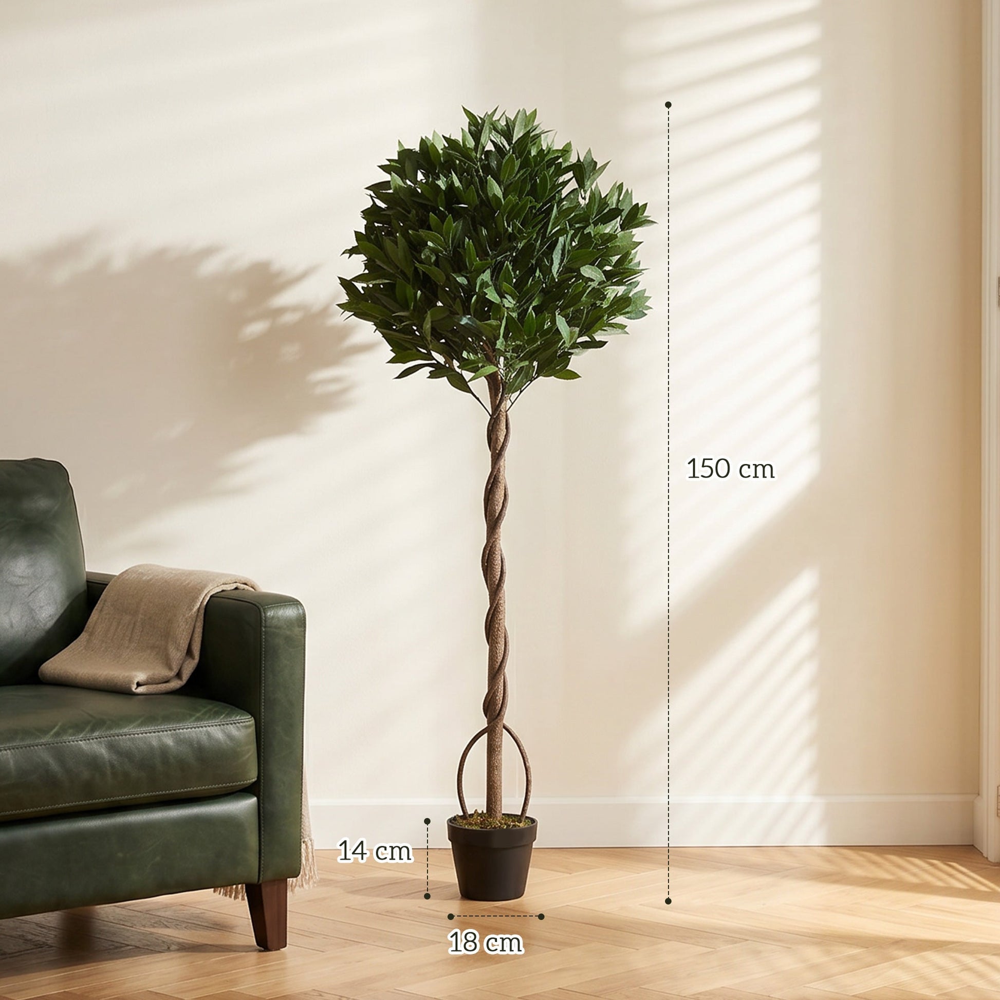 Artificial Bay Laurel Topiary Trees with Twisted Trunk, Realistic Lush Topiary Ball Tree with Weighted Pot, 150cm Indoor Greenery Plant for Home Office Decor, Set of 2, Green