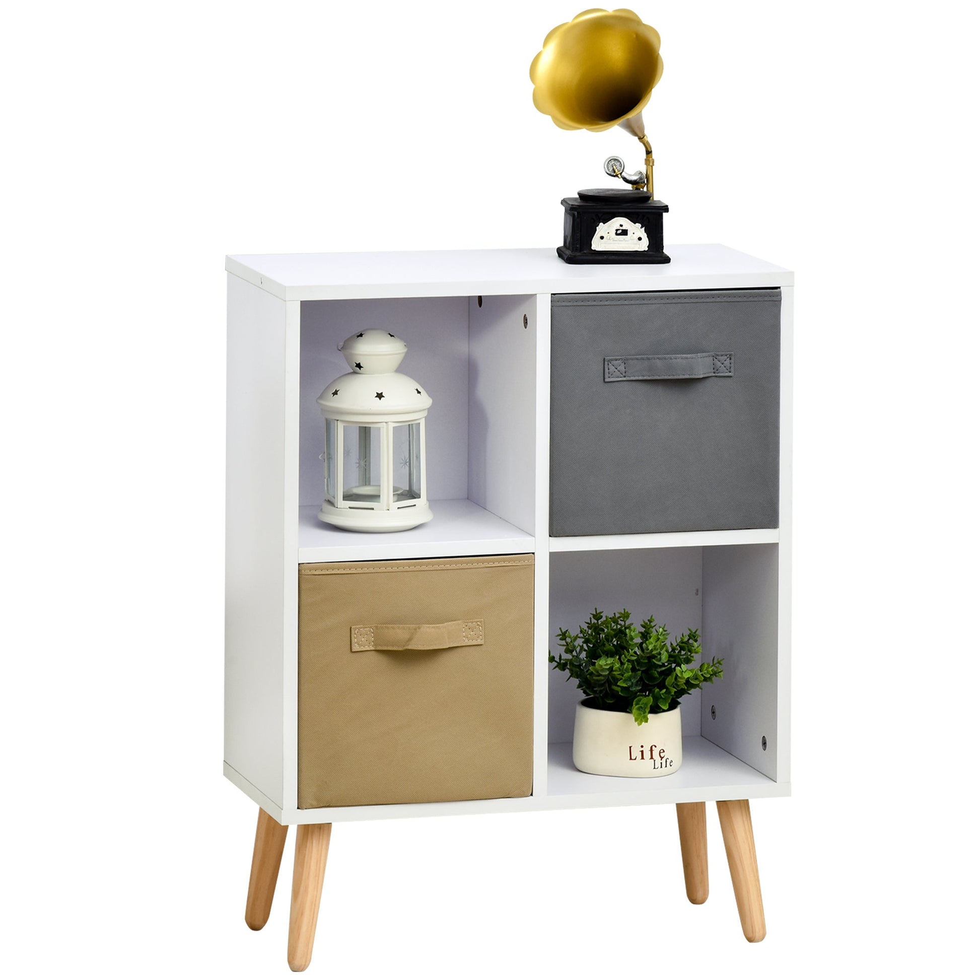 HOMCOM Freestanding 4 Cube Storage Cabinet Unit w/ 2 Fabric Drawers Handles Home Office Organisation Shelves Furniture