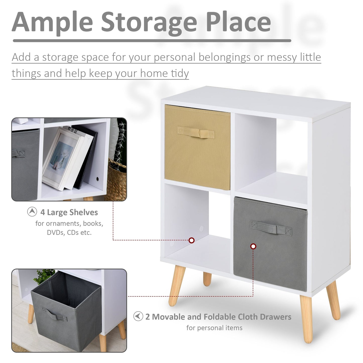 HOMCOM Freestanding 4 Cube Storage Cabinet Unit w/ 2 Fabric Drawers Handles Home Office Organisation Shelves Furniture