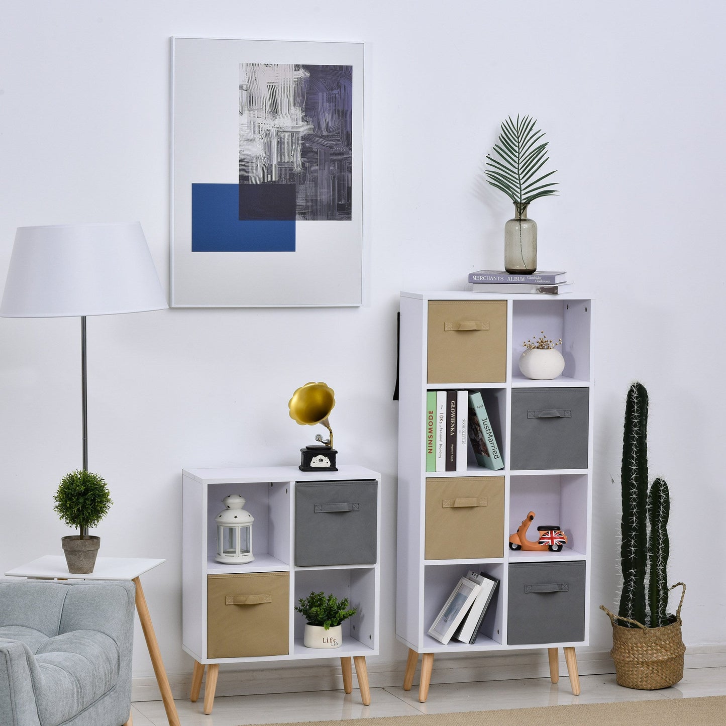 HOMCOM Freestanding 4 Cube Storage Cabinet Unit w/ 2 Fabric Drawers Handles Home Office Organisation Shelves Furniture