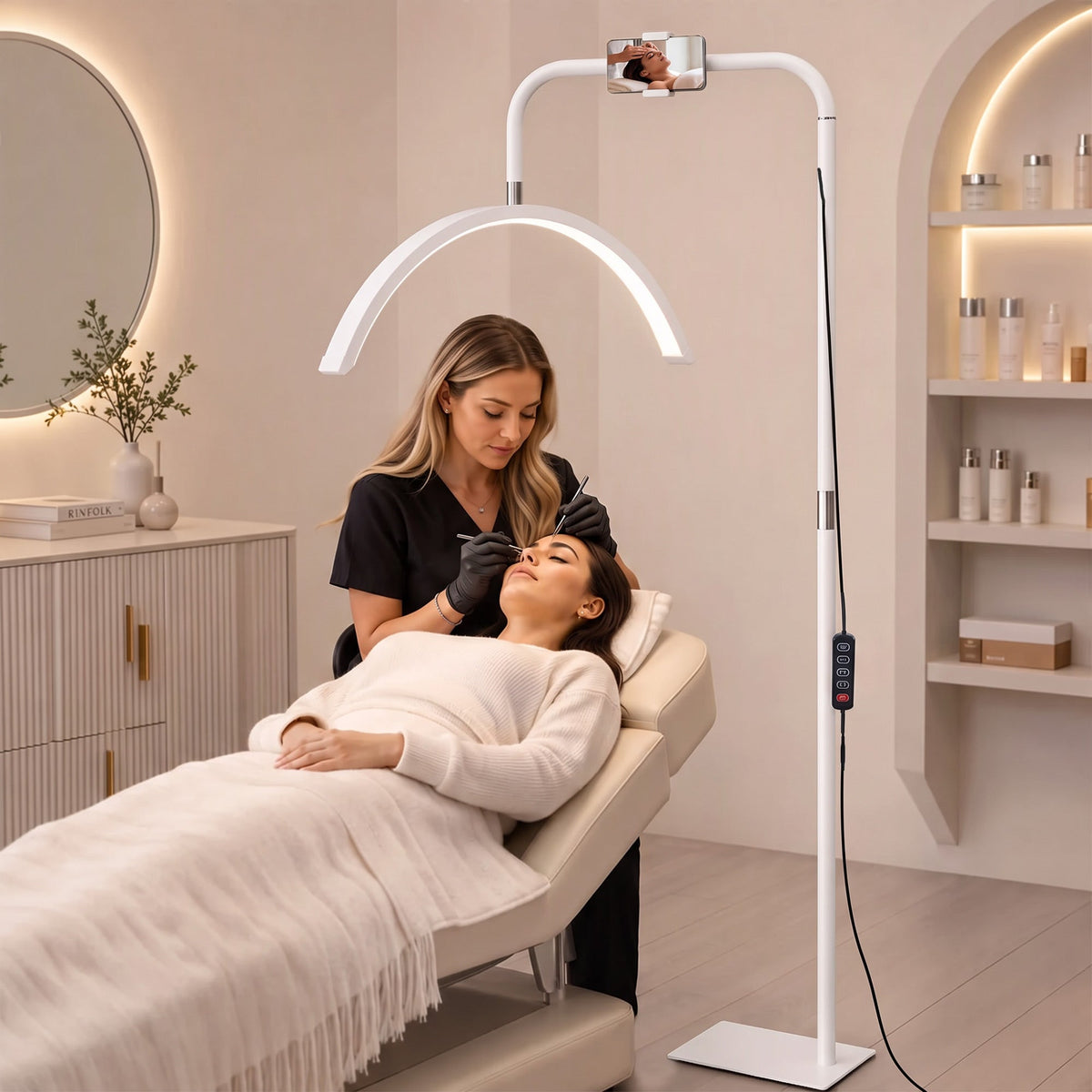 Half Moon Lash Light, Beauty Floor Lamp with 350° Rotatable Head, 7 Colour Temperature and Phone Holder, Dimmable Standing Lamp for Eyelash Extension, Tattoo, Nails, Skincare, White