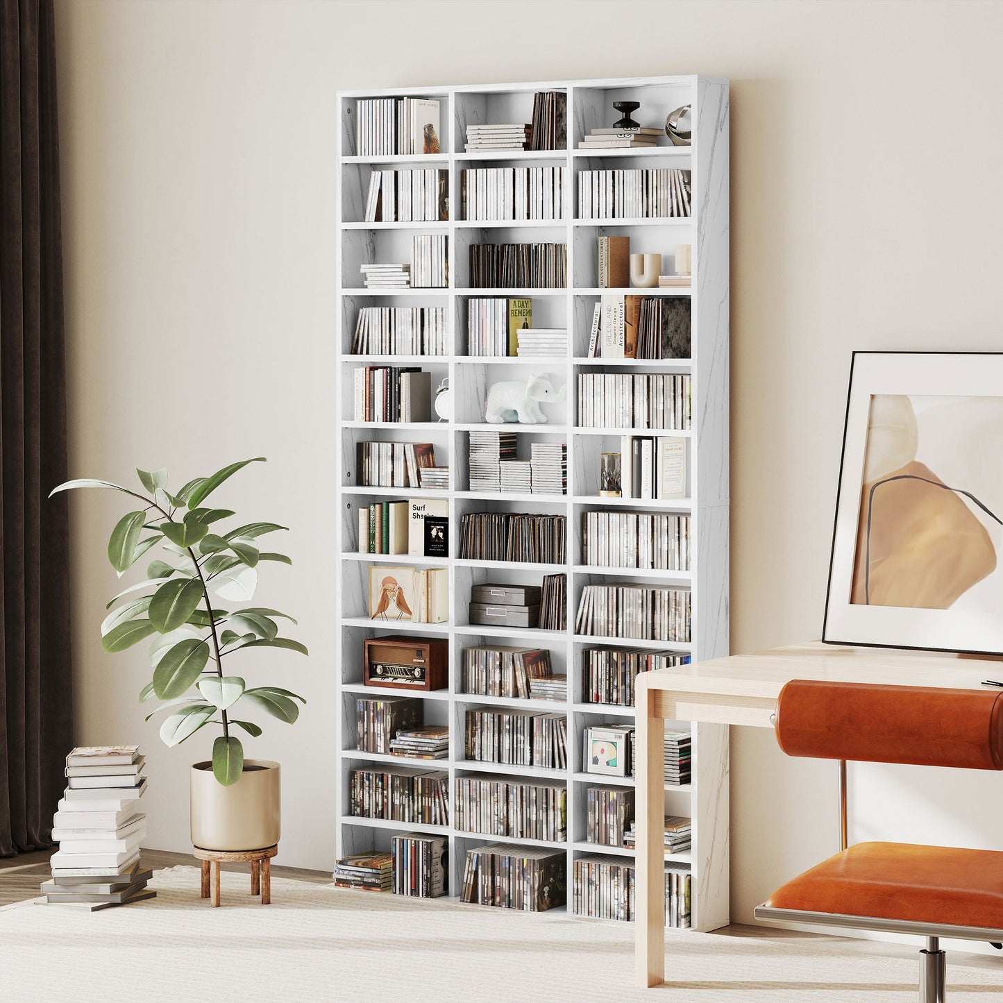 1116 CD/ 528 DVD Storage Unit, Media Storage Shelf, Wooden Display Unit with Adjustable Shelves, 102 x 195 cm, Marble Effect