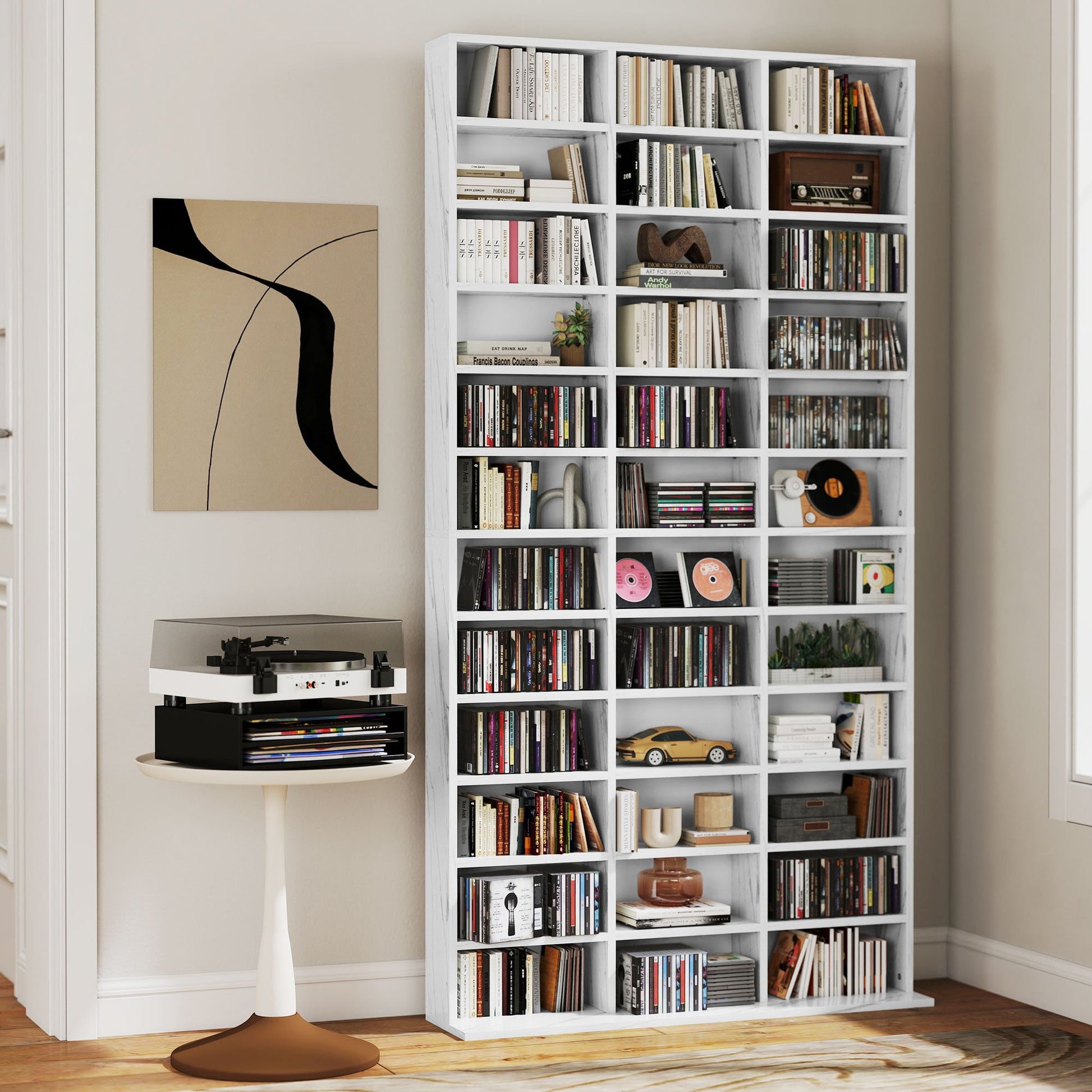 1116 CD/ 528 DVD Storage Unit, Media Storage Shelf, Wooden Display Unit with Adjustable Shelves, 102 x 195 cm, Marble Effect