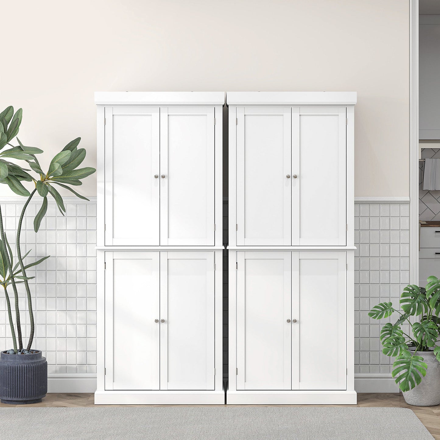 184cm Freestanding Kitchen Cupboard with 4 Doors, Modern Storage Cabinet Organizer with 6-Tier Shelving and 4 Adjustable Shelves, White