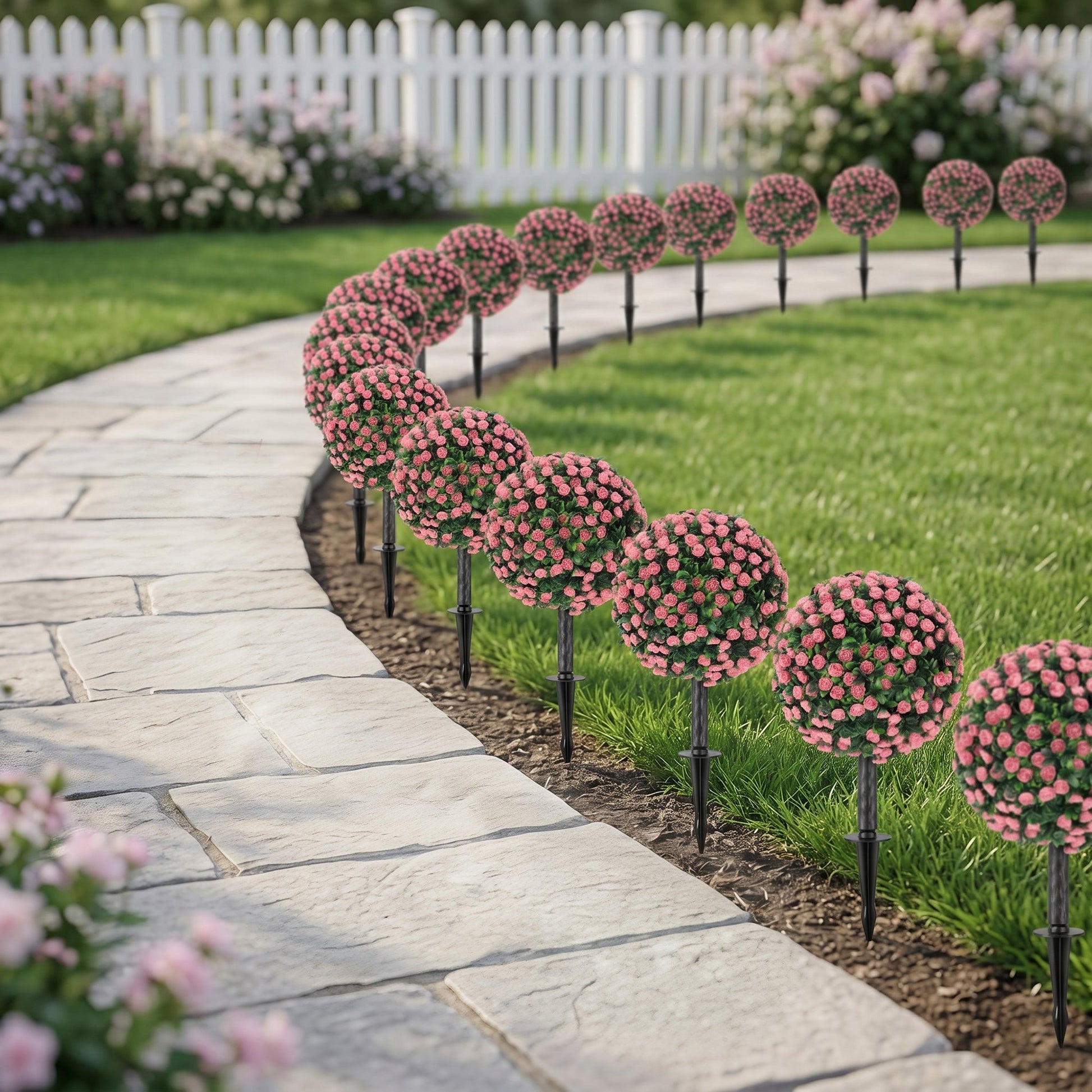 Set of 2 55 cm Artificial Rose Topiary with Ground Stake, UV-Resistant Fake Plants with 306 Roses and Leaves for Indoor Outdoor Home Office Garden Decor, Pink
