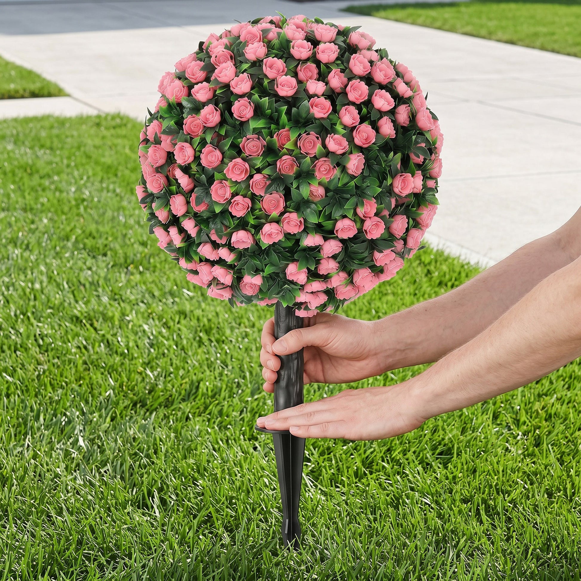 Set of 2 55 cm Artificial Rose Topiary with Ground Stake, UV-Resistant Fake Plants with 306 Roses and Leaves for Indoor Outdoor Home Office Garden Decor, Pink