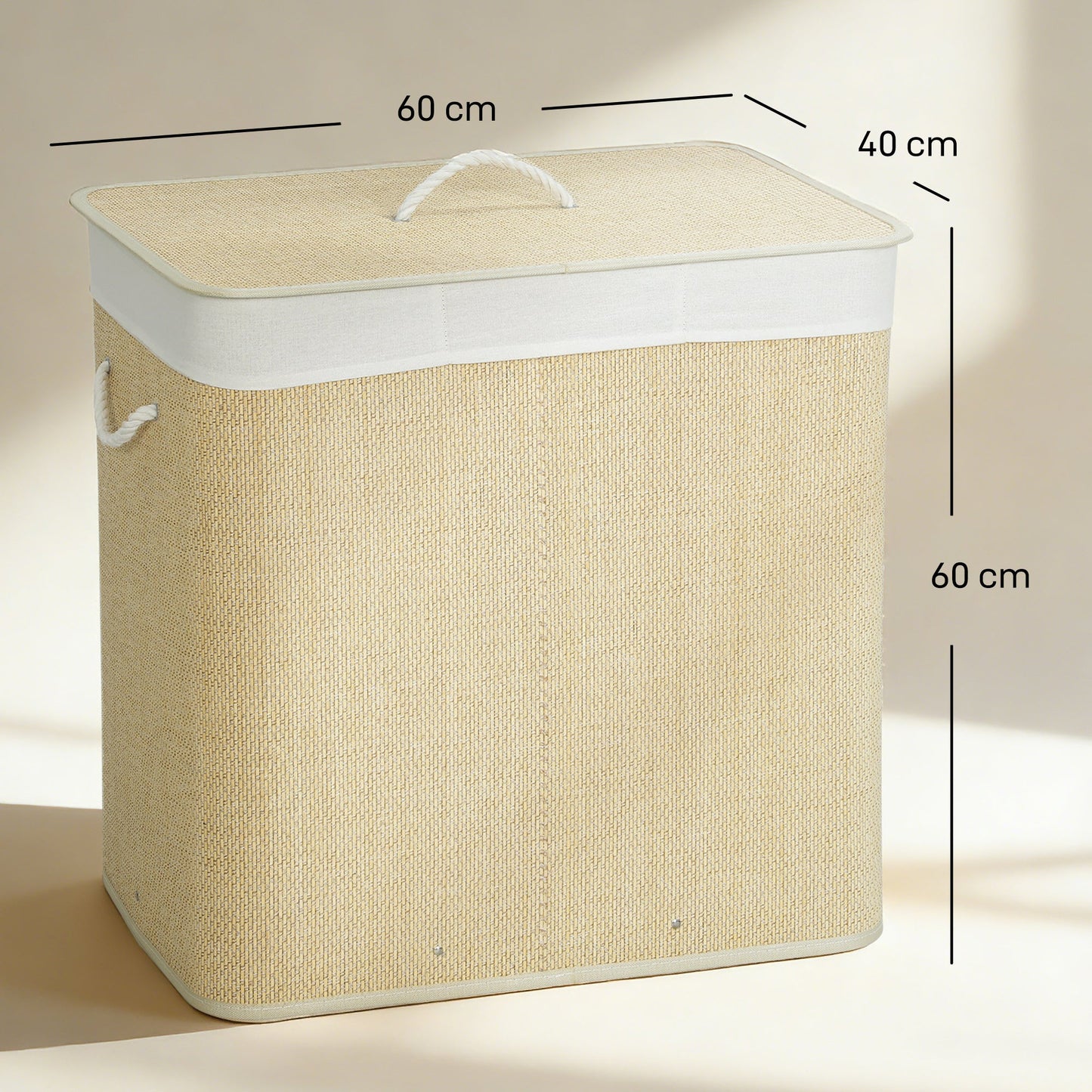 144L Laundry Basket with Lid, 3 Section Bamboo Laundry Hamper with Removable and Washable Liner, Handles, Dirty Clothes Hamper for Bathroom, Bedroom, Cream White