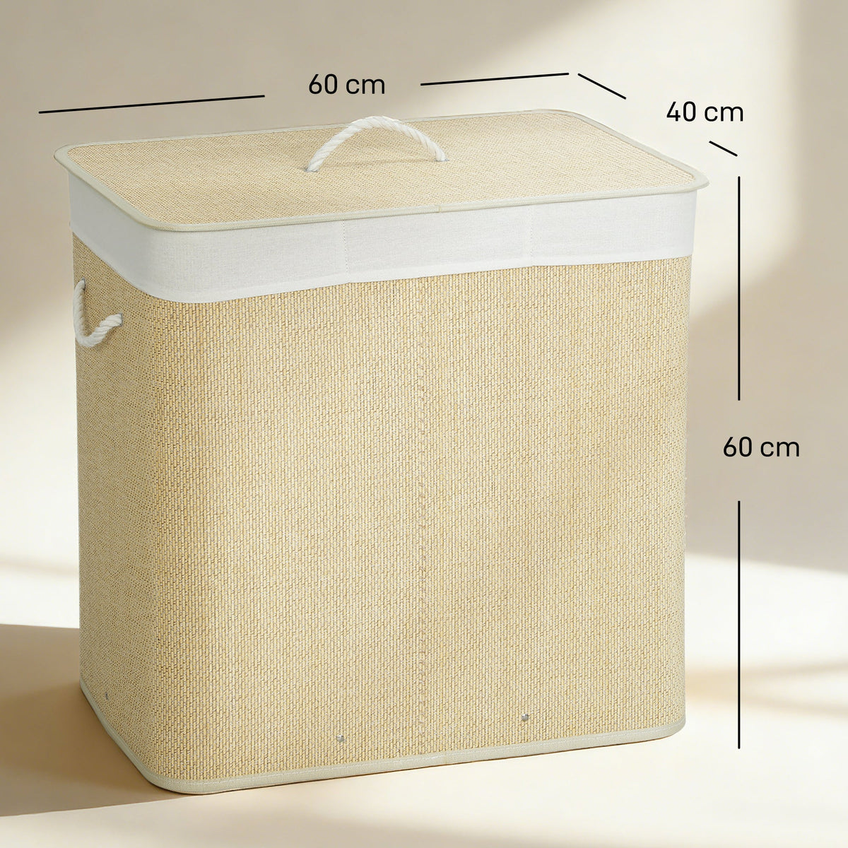 144L Laundry Basket with Lid, 3 Section Bamboo Laundry Hamper with Removable and Washable Liner, Handles, Dirty Clothes Hamper for Bathroom, Bedroom, Cream White