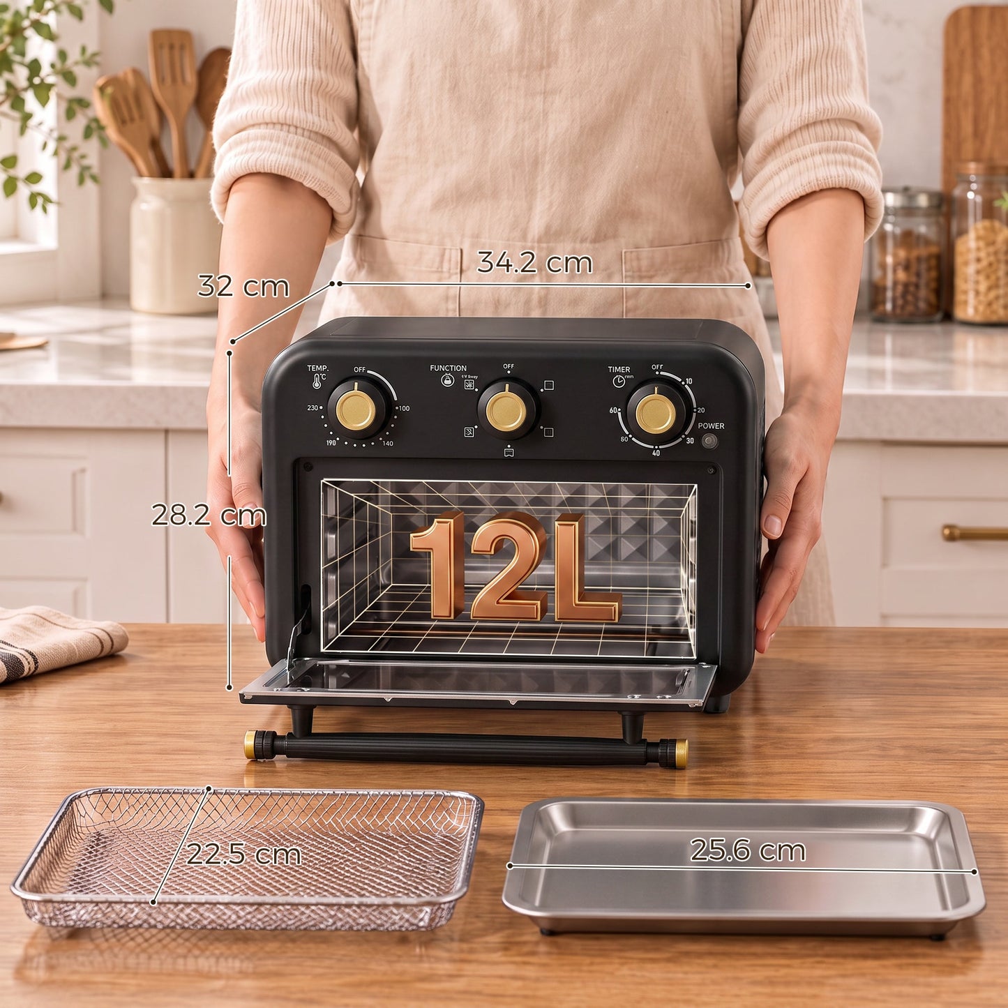 Air Fryer Toaster Oven, 12 L Small Convection Countertop Oven with Knob Controls, Baking Tray and Fry Basket, Adjustable Temperature, Timer, Dishwasher Safe, 1200W, Steel, Black
