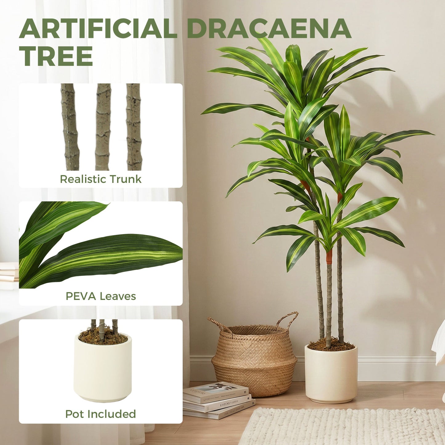 Set of 2 120cm Artificial Dracaena Trees, Decorative Artificial Plants with Bendable Trunks and White Planters for Living Room Bedroom Home Office Decor, Green