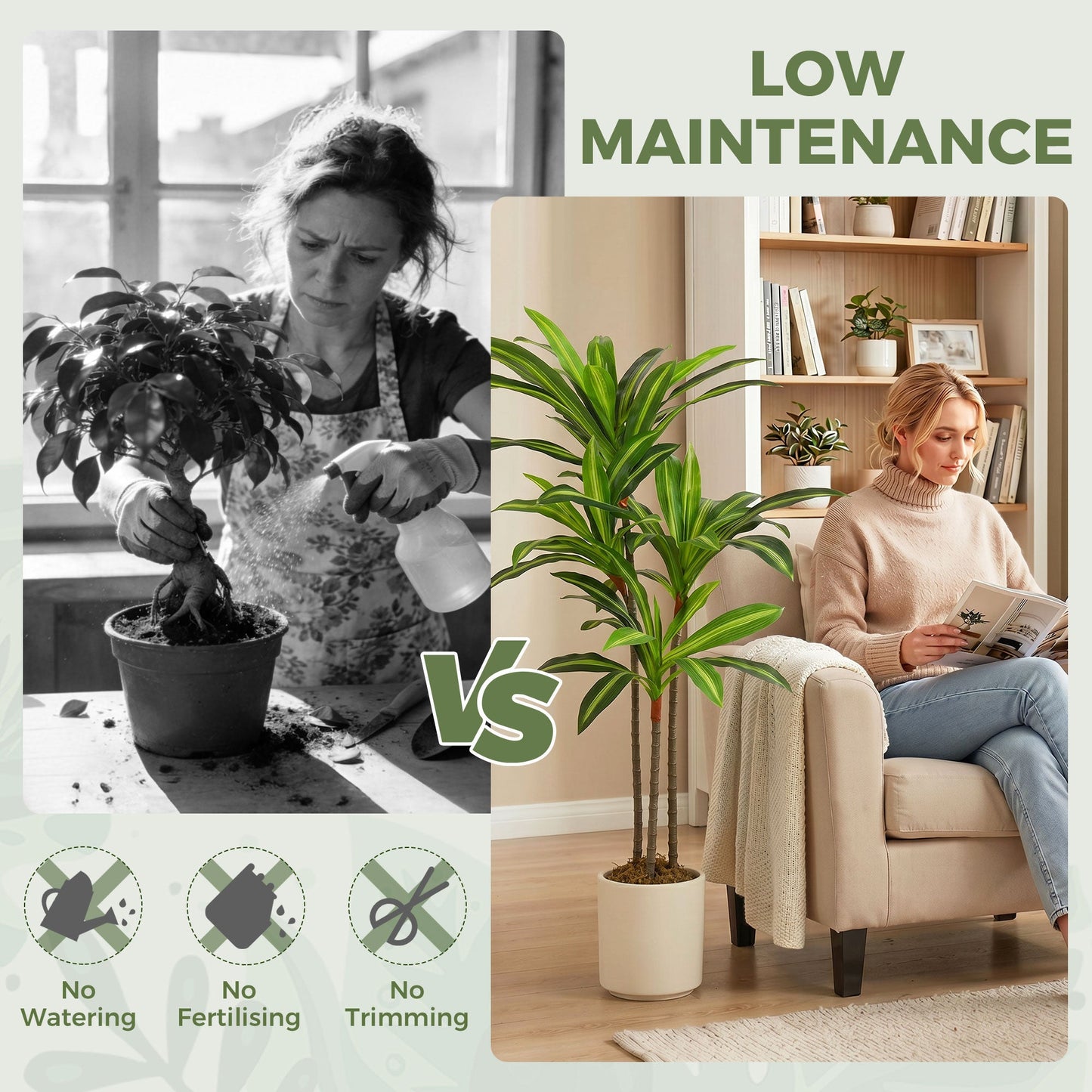 Set of 2 120cm Artificial Dracaena Trees, Decorative Artificial Plants with Bendable Trunks and White Planters for Living Room Bedroom Home Office Decor, Green