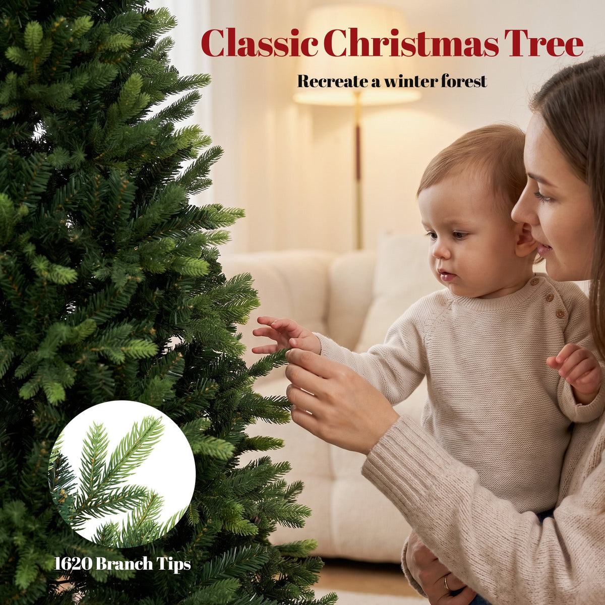 5ft Artificial Christmas Tree, Hinged Xmas Tree with 1620 PE & PVC Branch Tips, Solid Fir Wood Stand, Auto Open for Home Office Holiday Decoration, Green
