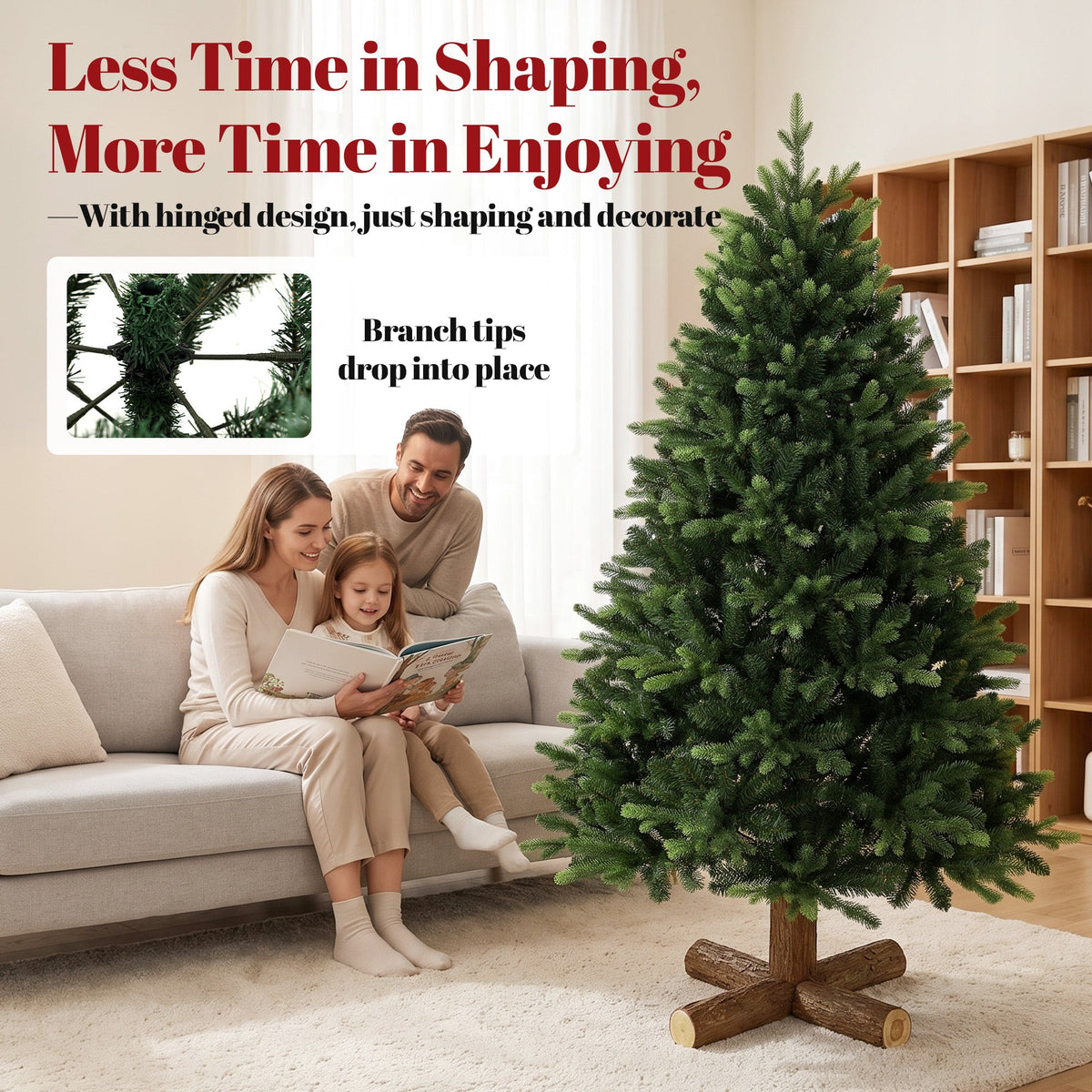 5ft Artificial Christmas Tree, Hinged Xmas Tree with 1620 PE & PVC Branch Tips, Solid Fir Wood Stand, Auto Open for Home Office Holiday Decoration, Green
