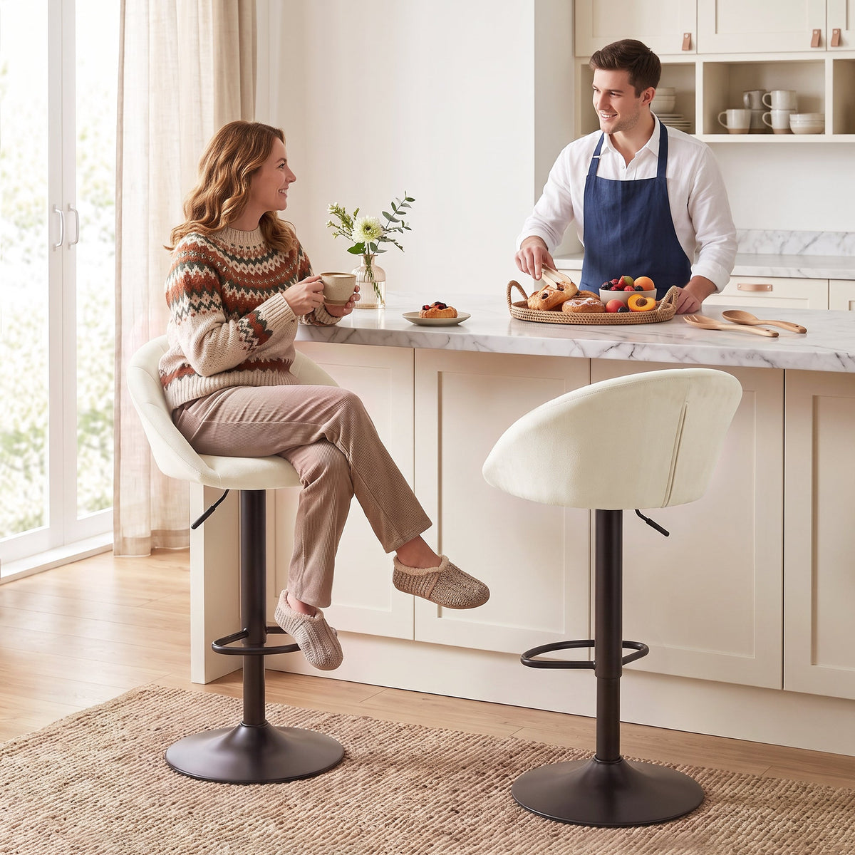 Breakfast Bar Stools Set of 2, Modern Velvet-Feel Swivel BarStools, Adjustable Counter Height Bar Chairs with Backrest and Footrest for Kitchen Island, Dining Room, Bar, Cream White