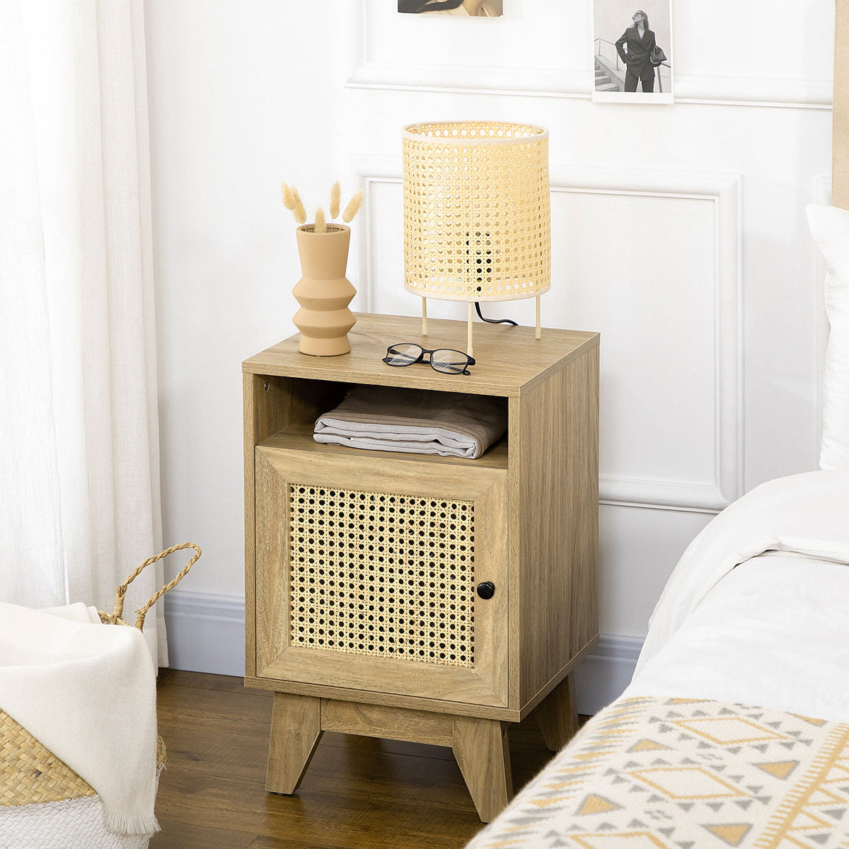HOMCOM Bedside Table Nightstand with Storage Shelf and Door Cupboard, Side End Table with Rattan Element for Living Room, Bedroom, Natural