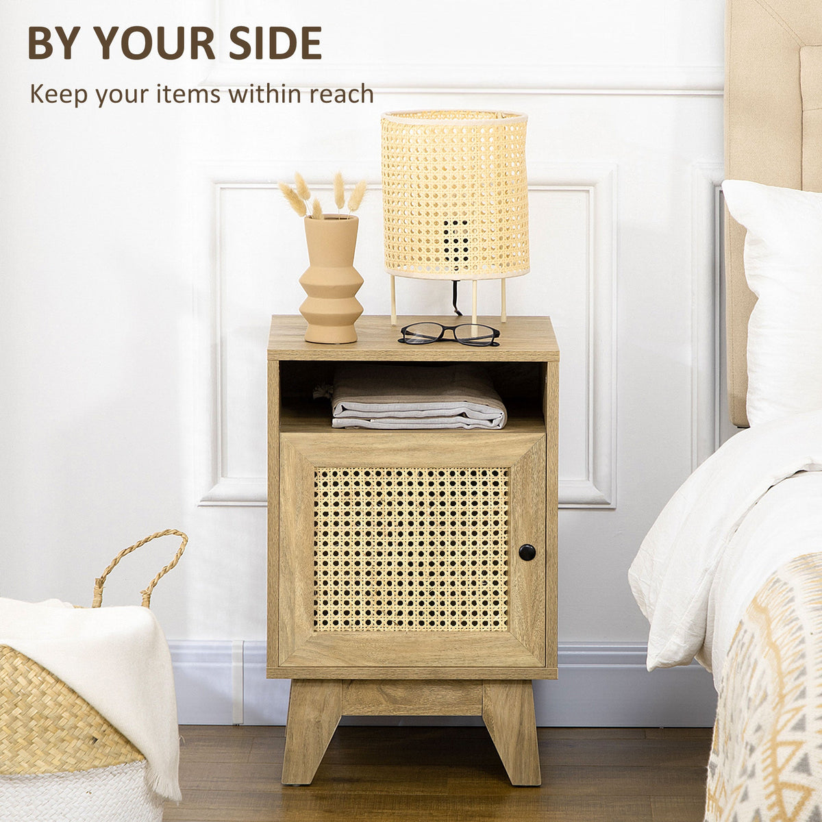 HOMCOM Bedside Table Nightstand with Storage Shelf and Door Cupboard, Side End Table with Rattan Element for Living Room, Bedroom, Natural