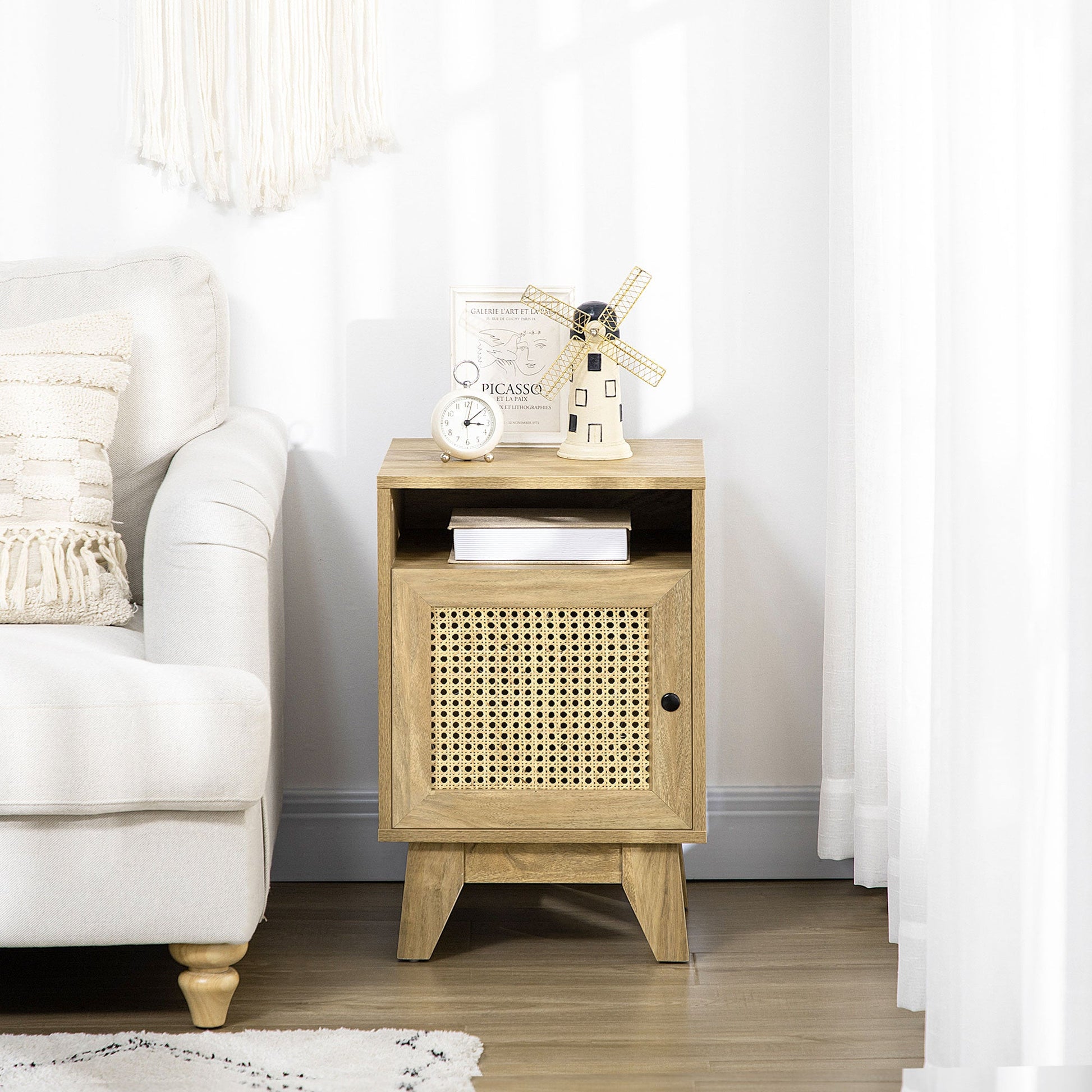 HOMCOM Bedside Table Nightstand with Storage Shelf and Door Cupboard, Side End Table with Rattan Element for Living Room, Bedroom, Natural