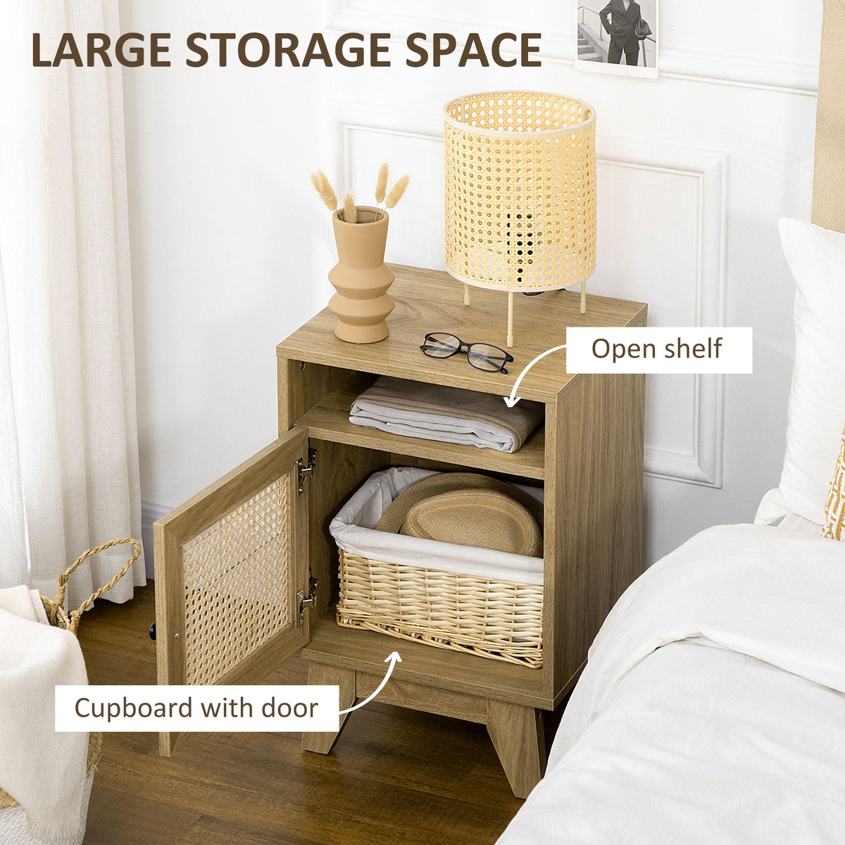 HOMCOM Bedside Table Nightstand with Storage Shelf and Door Cupboard, Side End Table with Rattan Element for Living Room, Bedroom, Natural