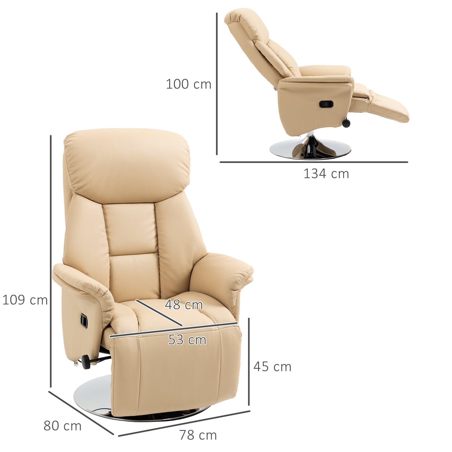 Manual Recliner Chair for Adults, Adjustable Swivel Recliner with Footrest, Padded Arms, PU Leather Upholstery and Steel Base for Living Room, Beige