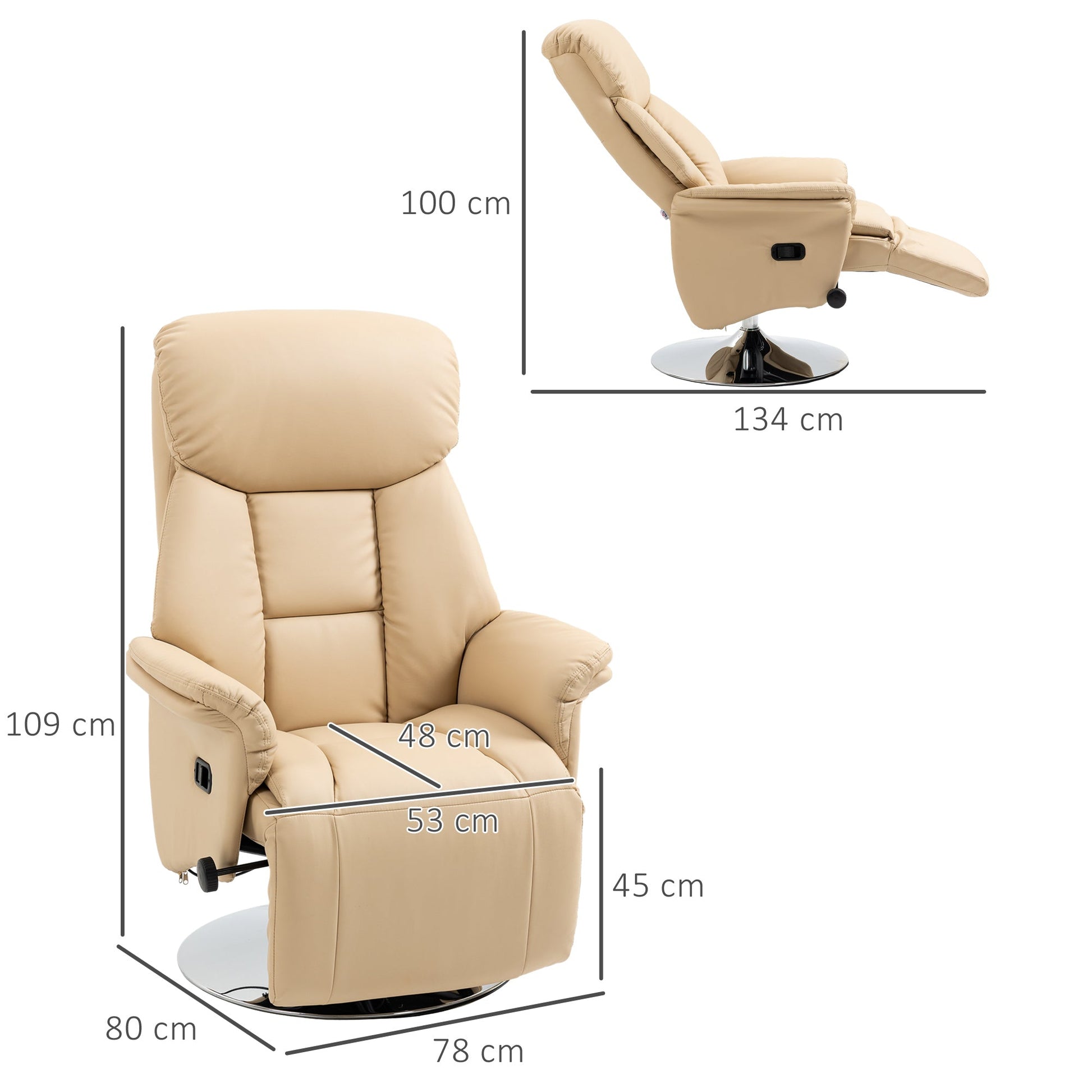 Manual Recliner Chair for Adults, Adjustable Swivel Recliner with Footrest, Padded Arms, PU Leather Upholstery and Steel Base for Living Room, Beige