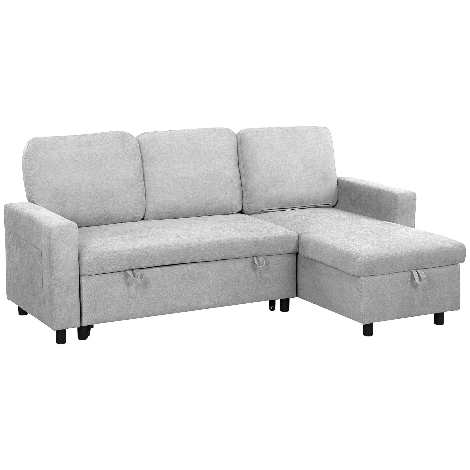 HOMCOM Sofa Bed with Storage, Convertible L Shaped Corner Sofa, 3 Seater Pull Out Sofa Bed with Reversible Chaise, Side Pockets for Living Room, Bedroom, Small Spaces, Light Grey