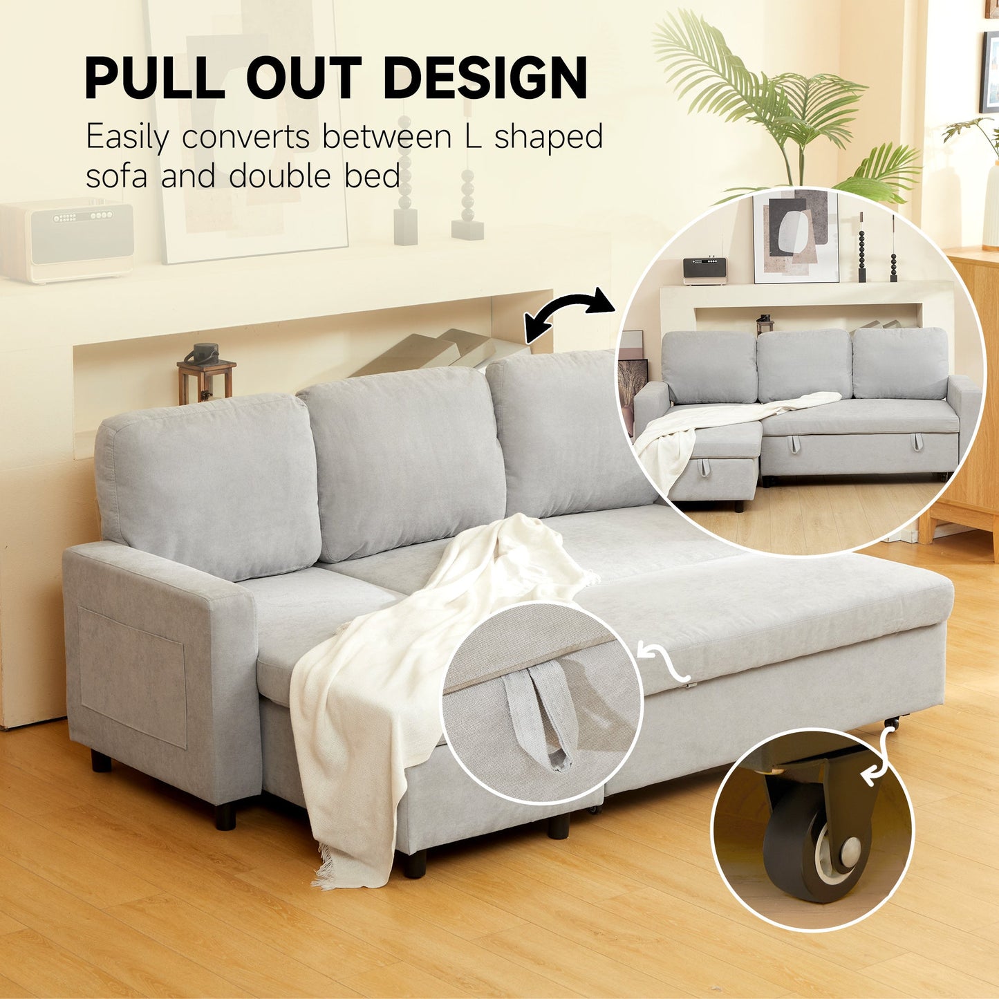 HOMCOM Sofa Bed with Storage, Convertible L Shaped Corner Sofa, 3 Seater Pull Out Sofa Bed with Reversible Chaise, Side Pockets for Living Room, Bedroom, Small Spaces, Light Grey
