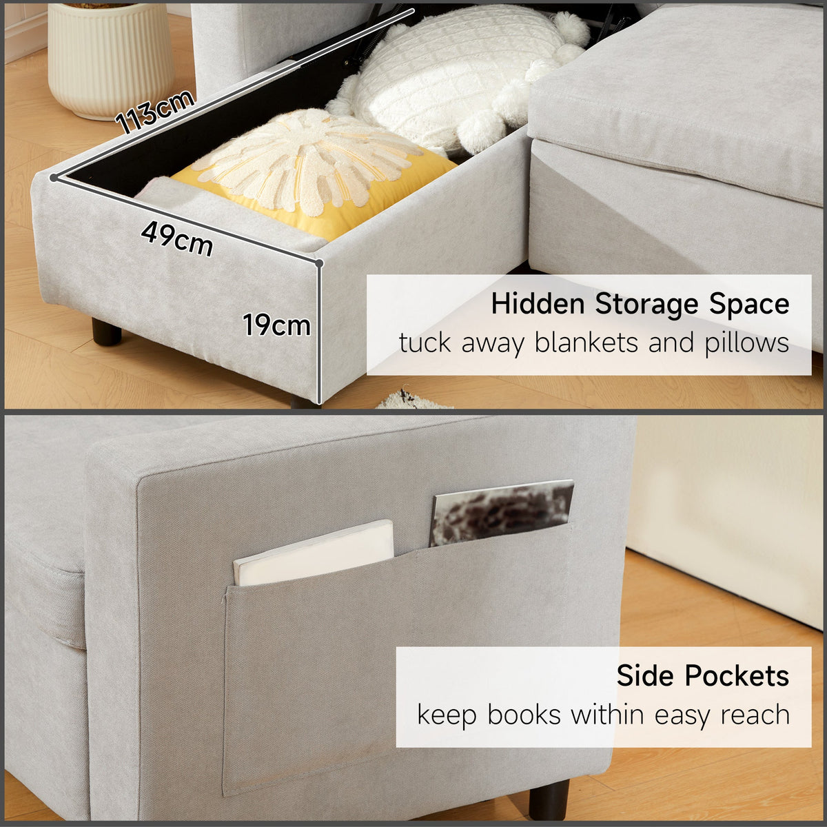 HOMCOM Sofa Bed with Storage, Convertible L Shaped Corner Sofa, 3 Seater Pull Out Sofa Bed with Reversible Chaise, Side Pockets for Living Room, Bedroom, Small Spaces, Light Grey