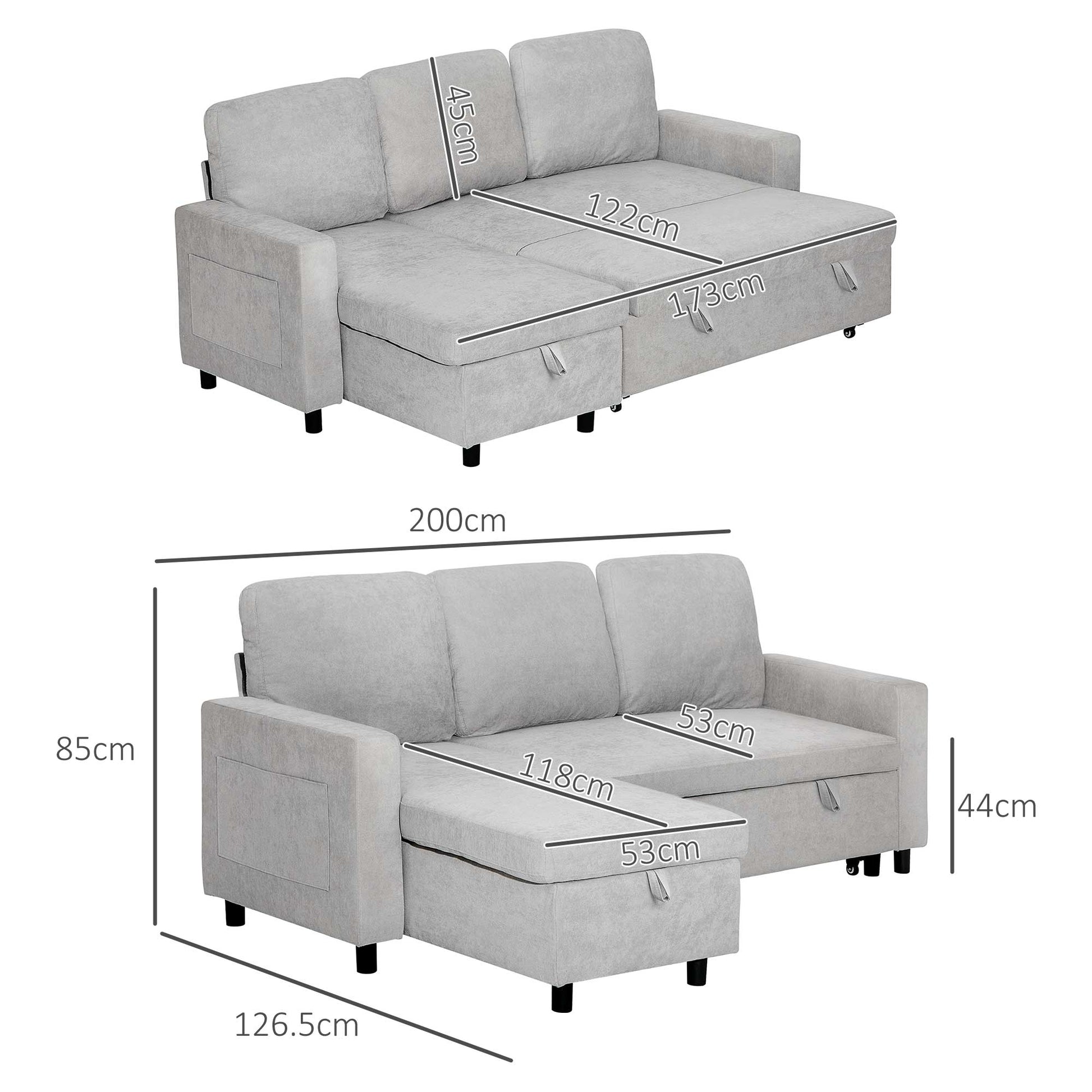 HOMCOM Sofa Bed with Storage, Convertible L Shaped Corner Sofa, 3 Seater Pull Out Sofa Bed with Reversible Chaise, Side Pockets for Living Room, Bedroom, Small Spaces, Light Grey