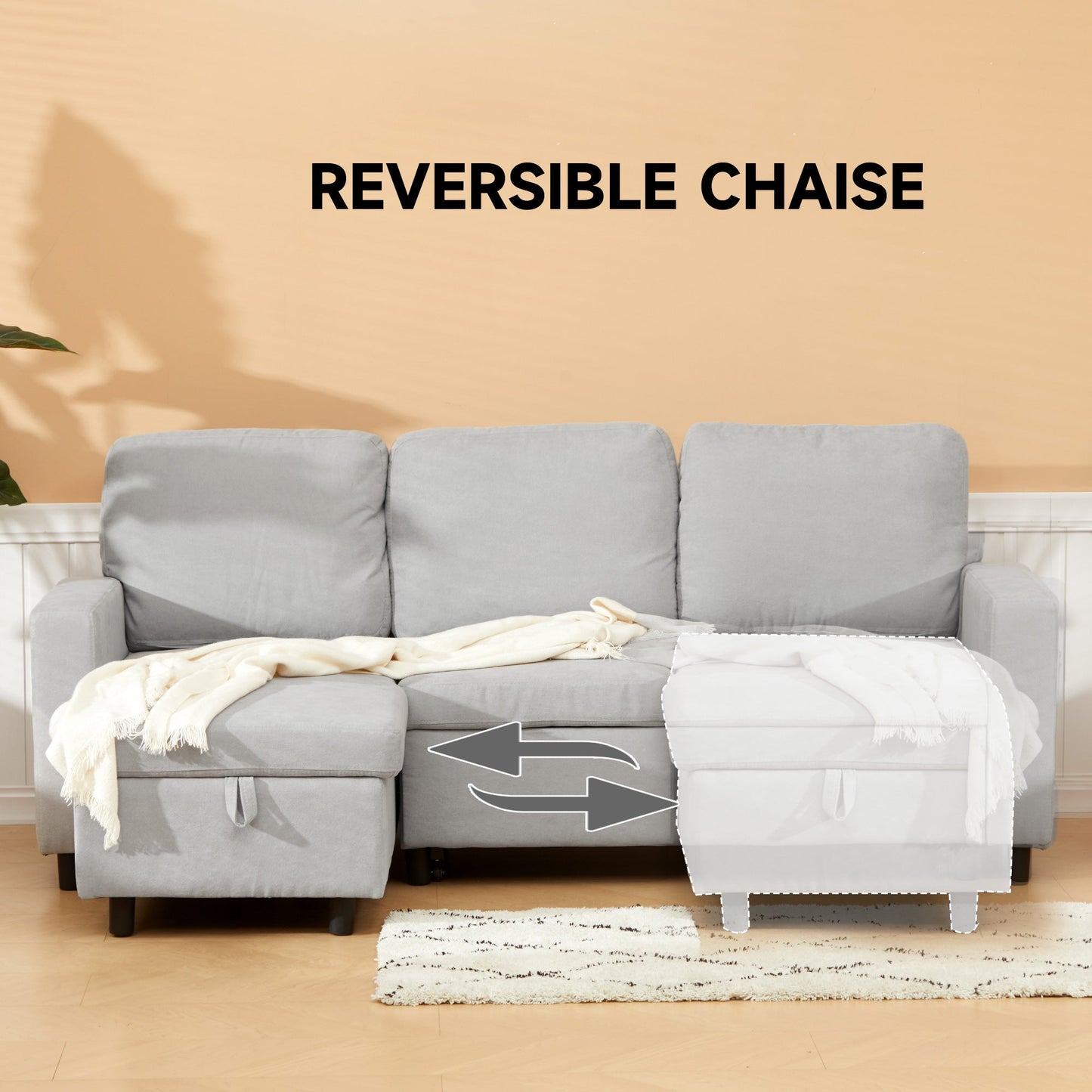 HOMCOM Sofa Bed with Storage, Convertible L Shaped Corner Sofa, 3 Seater Pull Out Sofa Bed with Reversible Chaise, Side Pockets for Living Room, Bedroom, Small Spaces, Light Grey