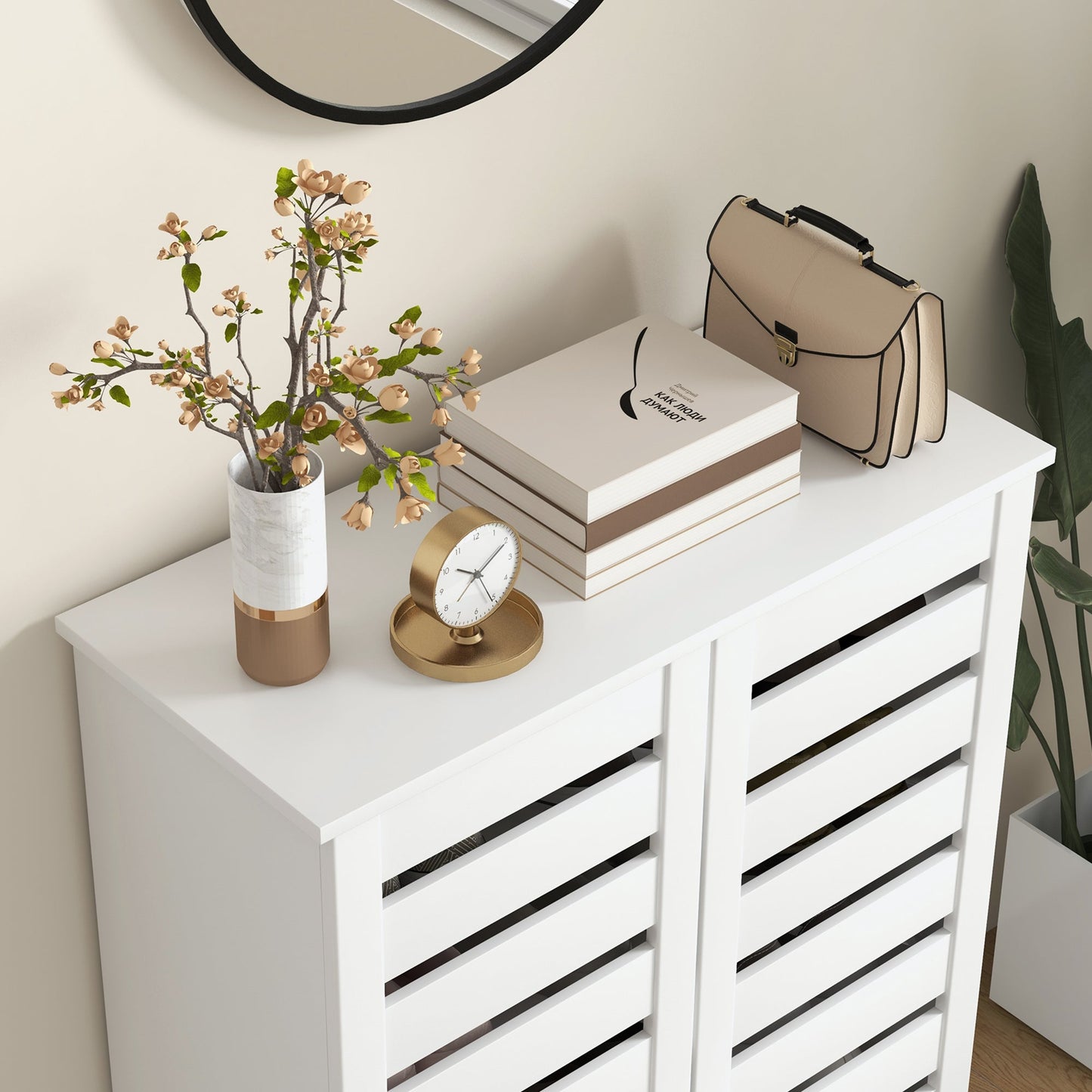 Narrow Shoe Cabinet for Entryway, 5-Tier Slim Shoe Storage Cabinet with 2 Slatted Doors and Adjustable Shelves for 15 Pairs, White