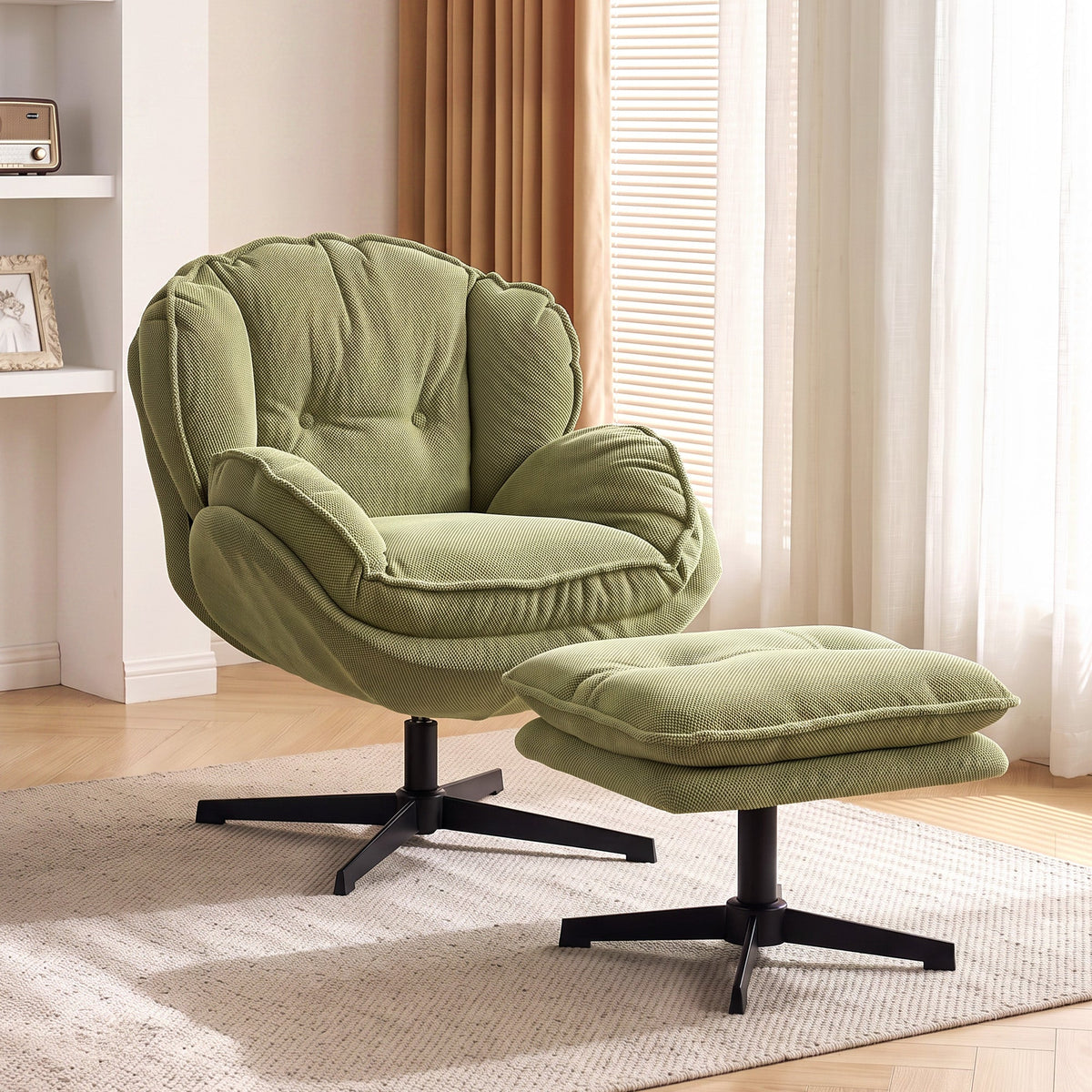 Armchair with Adjustable Footstool, 360° Swivel Chenille Cloud Accent Chair with Thick Cushion, Steel Base for Living Room, Bedroom, Green