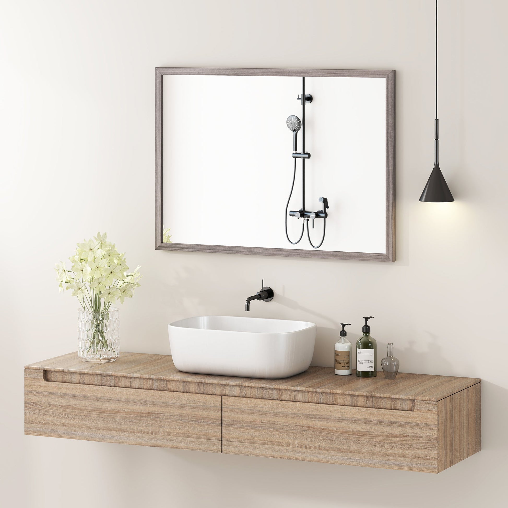 Decorative Rectangular Wall Mirror, 50W x 70H cm Wall-Mounted Bathroom Mirror for Living Room, Bedroom, Hallway, Grey Wood Grain