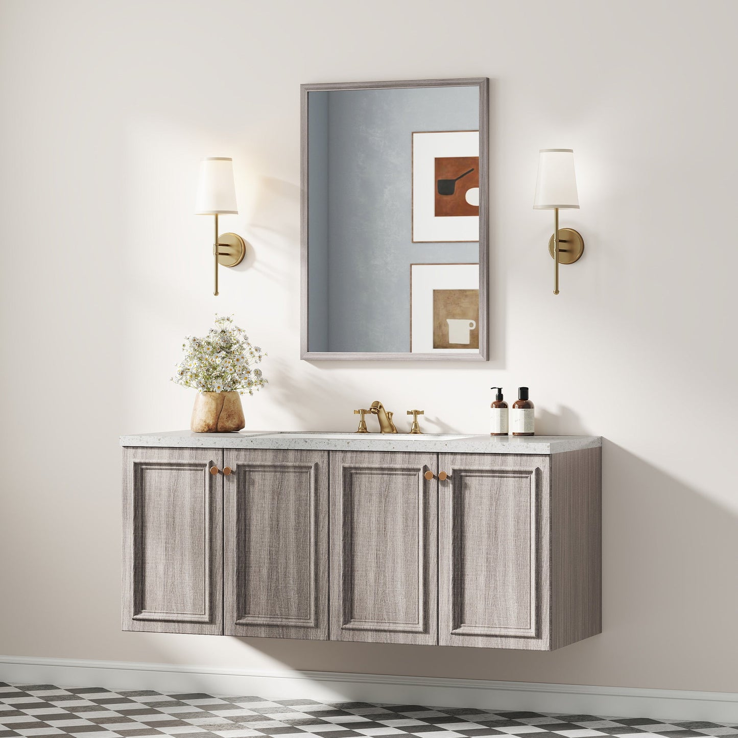 Decorative Rectangular Wall Mirror, 50W x 70H cm Wall-Mounted Bathroom Mirror for Living Room, Bedroom, Hallway, Grey Wood Grain