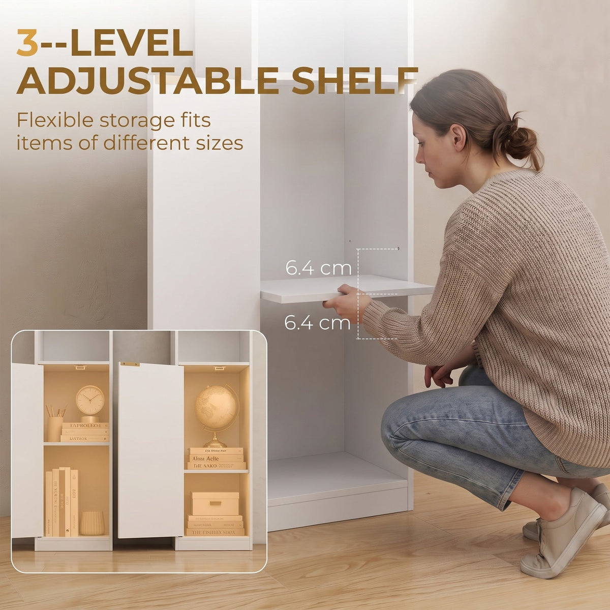 Bookcase, 6-Tier Tall Bookshelf, Open Book Shelf with Storage Cabinet and Adjustable Shelf, Anti-Tip Hardware for Living Room, Bedroom, Home Office, White Wood Effect