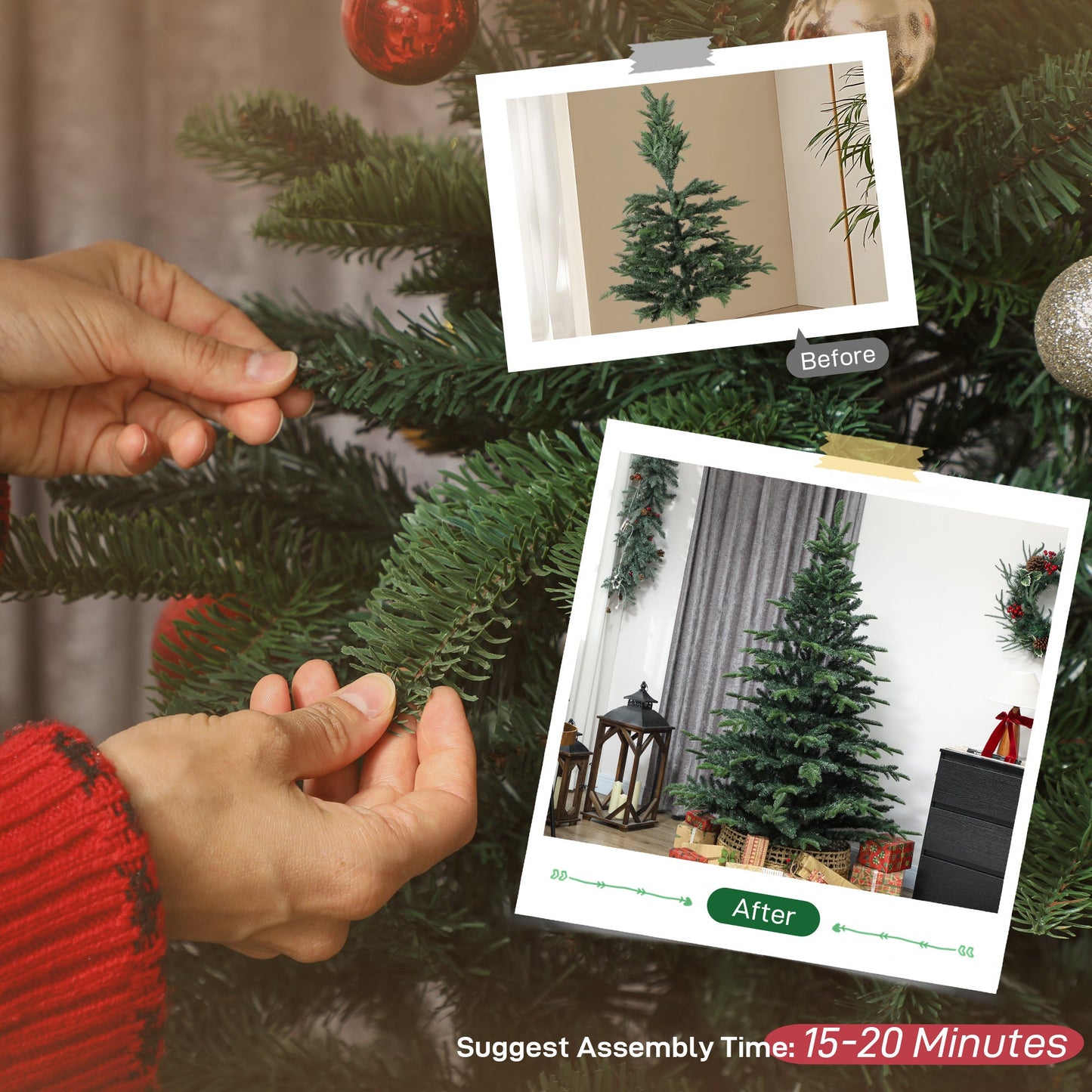 6ft Artificial Christmas Tree with Realistic Tips, Wide Shape, Hinged Xmas Tree with Foldable Metal Stand for Home Decoration, Flame-Retardant, Easy Assembly, Green