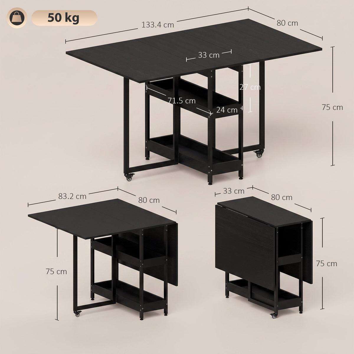 Folding Dining Table for 4, Space-Saving Drop-Leaf Kitchen Table with Storage Shelves and Wheels for Small Spaces, Dining Room or Kitchen, Black
