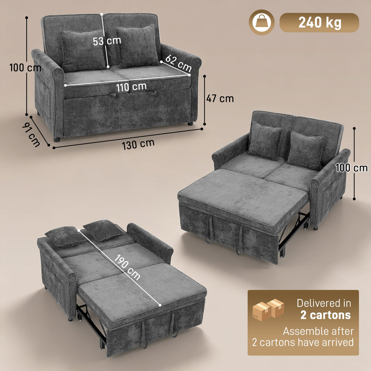 2 Seater Sofa Bed, 3-in-1 Convertible Pull Out Double Sleeper Sofa 190 x 130 cm, 5-Position Adjustable Backrest, Chenille Loveseat Bed Settee for Living Room, Bedroom, Guest Room, Grey