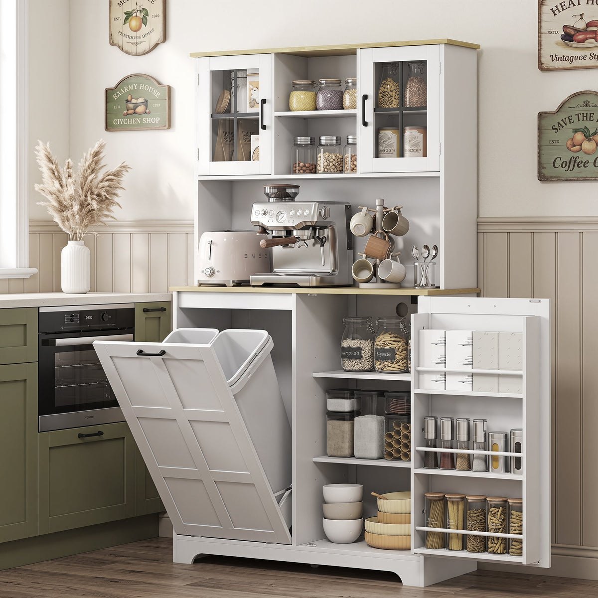 Kitchen Cupboard with Charging Station and 26.5 L Rubbish Bin Cabinet, 175cm Tall Kitchen Cabinet with 3 Door Shelves and 2 Acrylic Doors, Sideboard Storage Cabinet for Dining Room, White