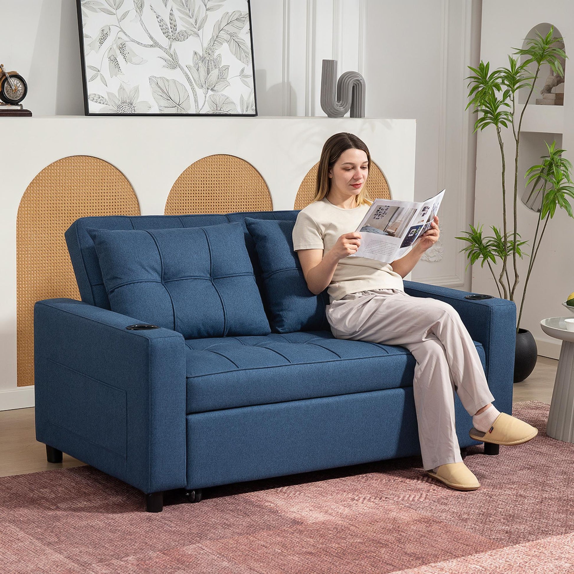 3-in-1 2 Seater Sofa Bed, Convertible Sleeper Sofa with Adjustable Backrest, Fabric Pull Out Loveseat Bed with 2 Pillows, Side Pockets and Cup Holders for Living Room, Bedroom, Dark Blue