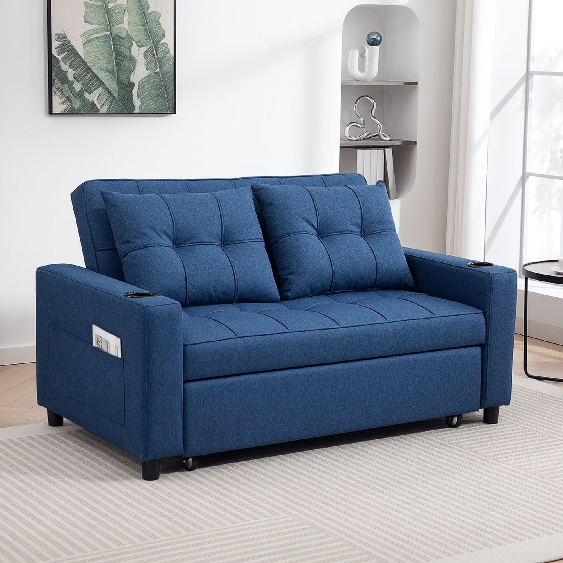 3-in-1 2 Seater Sofa Bed, Convertible Sleeper Sofa with Adjustable Backrest, Fabric Pull Out Loveseat Bed with 2 Pillows, Side Pockets and Cup Holders for Living Room, Bedroom, Dark Blue