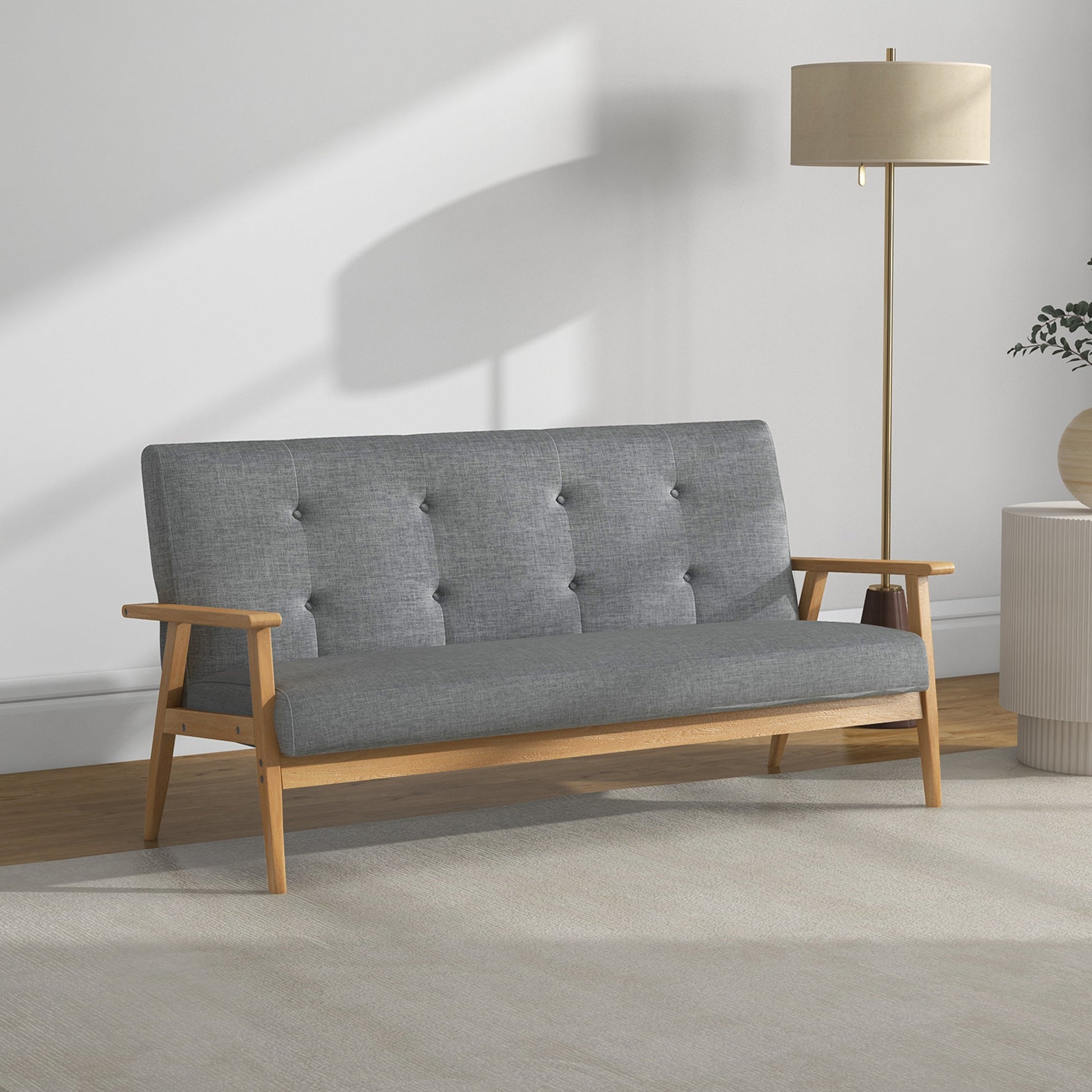 HOMCOM 3 Seater Sofa Modern Linen Fabric Upholstery Tufted Couch with Rubberwood Legs for Living Room and Kitchen, Dark Grey