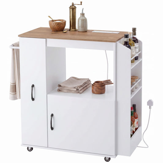 Kitchen Trolley on Wheels, Rolling Kitchen Island Cart with Power Outlet, Cabinet, Pull-Out Drawer and Towel & Spice Rack, Mobile Serving Trolley Cart for Dining Room, Bathroom, White